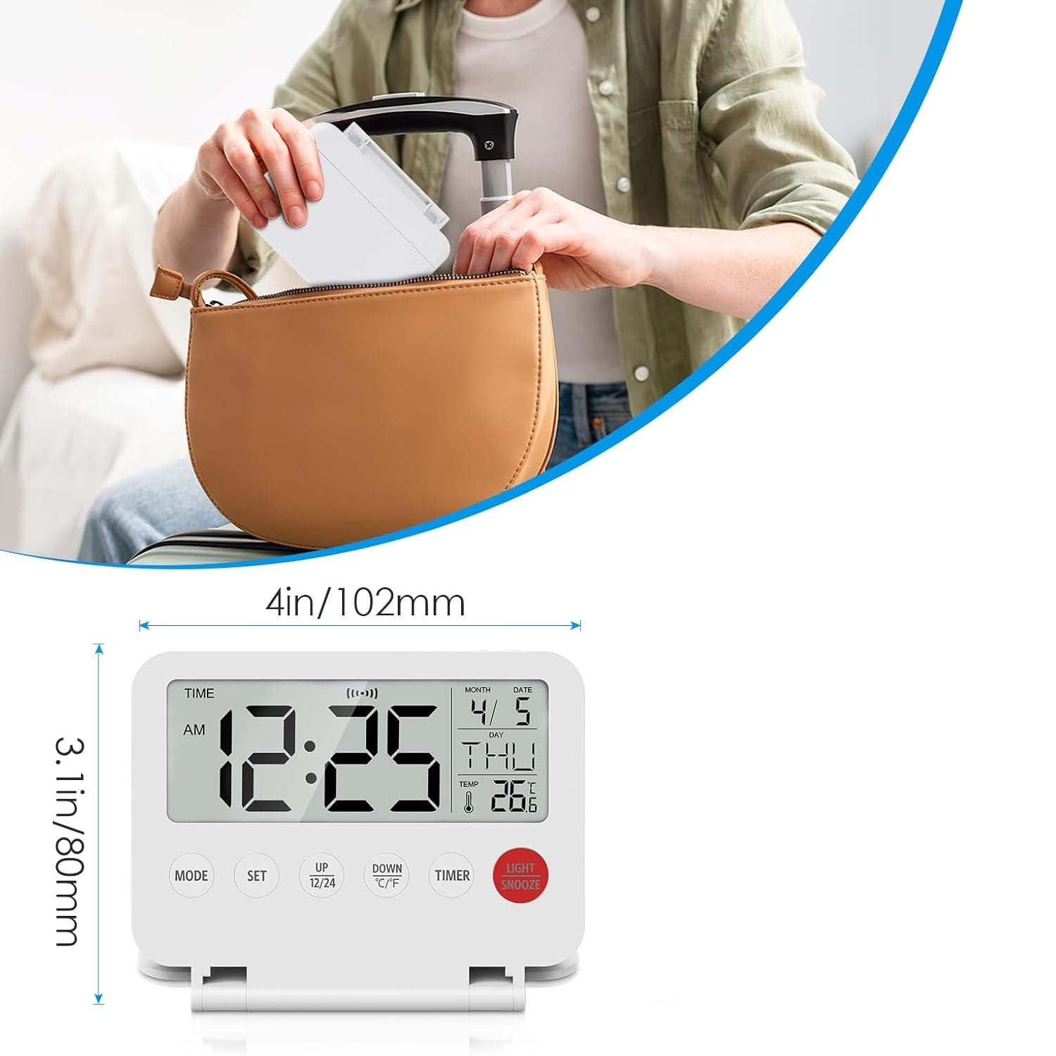 Mini réveil de voyage pliable numérique avec LCD rétroéclairé, thermomètre, snooze, date et heure, bureau, chambre, cuisine, pratique et portable - 2