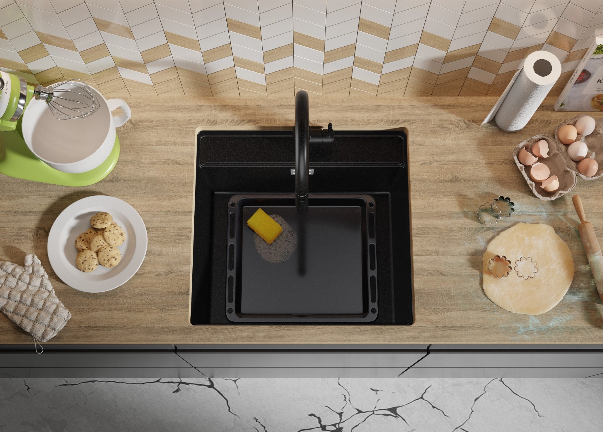 Lavandino sottotop Tutto Nero 56x53cm, Lavello in Granito a 1 vasca + Sifone Classico + Accessori, Lavabo da Cucina al mobile 60cm - Bergen PRIMAGRAN - 9