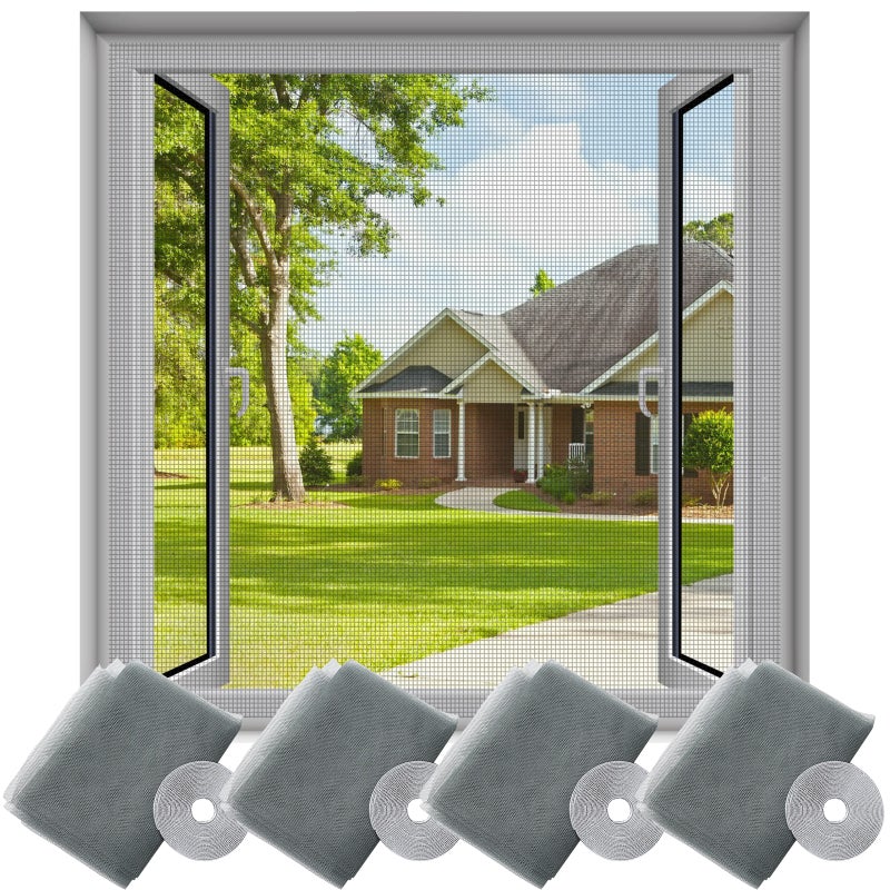 4 sztuki Siatki na okno chroniącej przed owadami, Siatka ochronna na okno, Moskitiera z siatki z 4 samoprzylepnymi taśmami 150 x 150 cm (Szara)