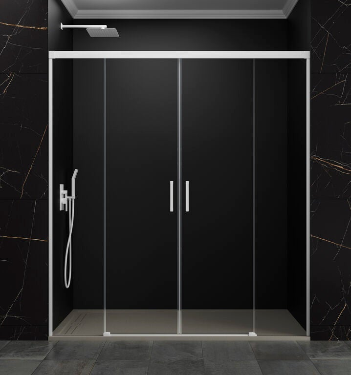 Paravan de duș frontal BASIC 2 panouri fixe + 2 uși glisante 180 cm (95+95) alb mat sticlă transparent