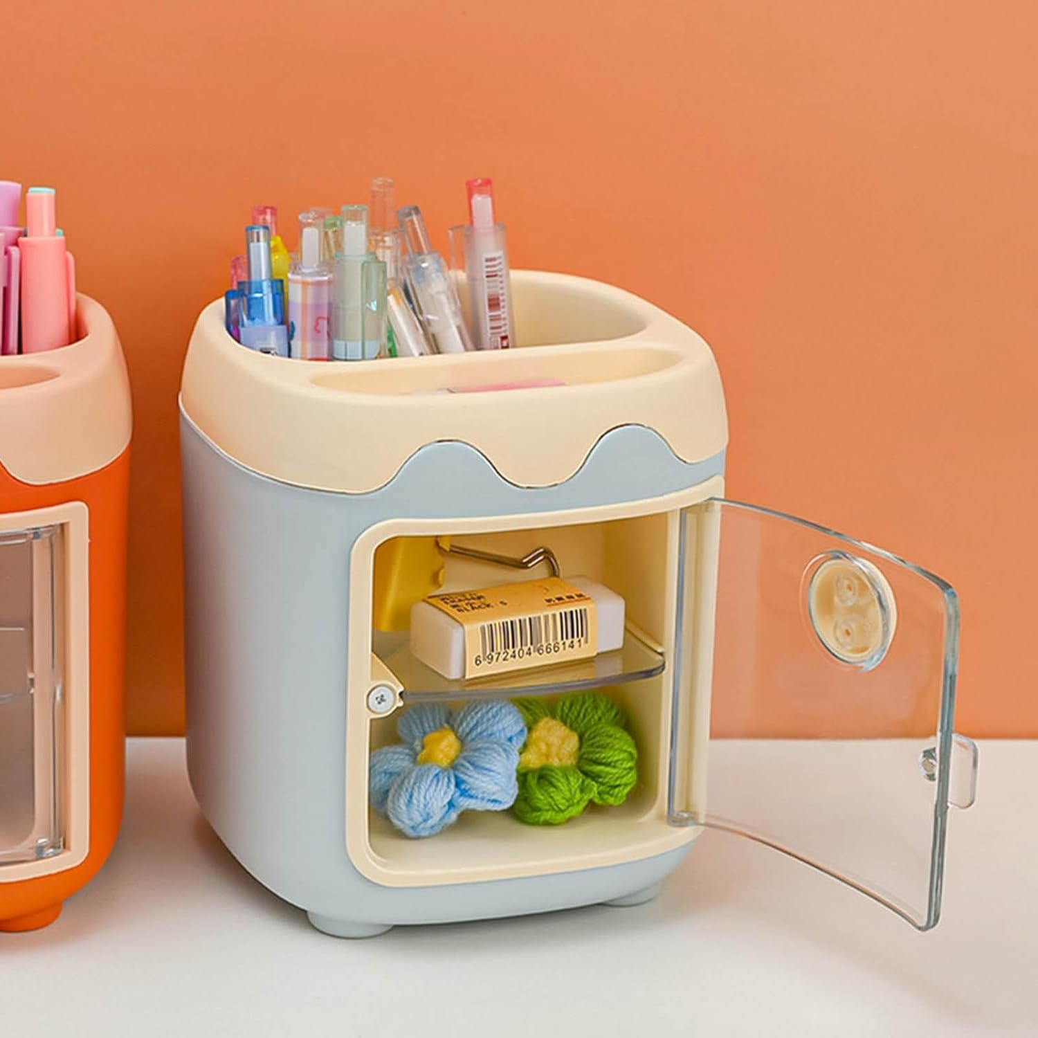 Uroczy, miniaturowy organizer na długopisy w stylu lodówki – 2 warstwy w kolorze niebieskim, uroczy organizer na biurko dla dzieci, kobiet i dorosłyc - 3
