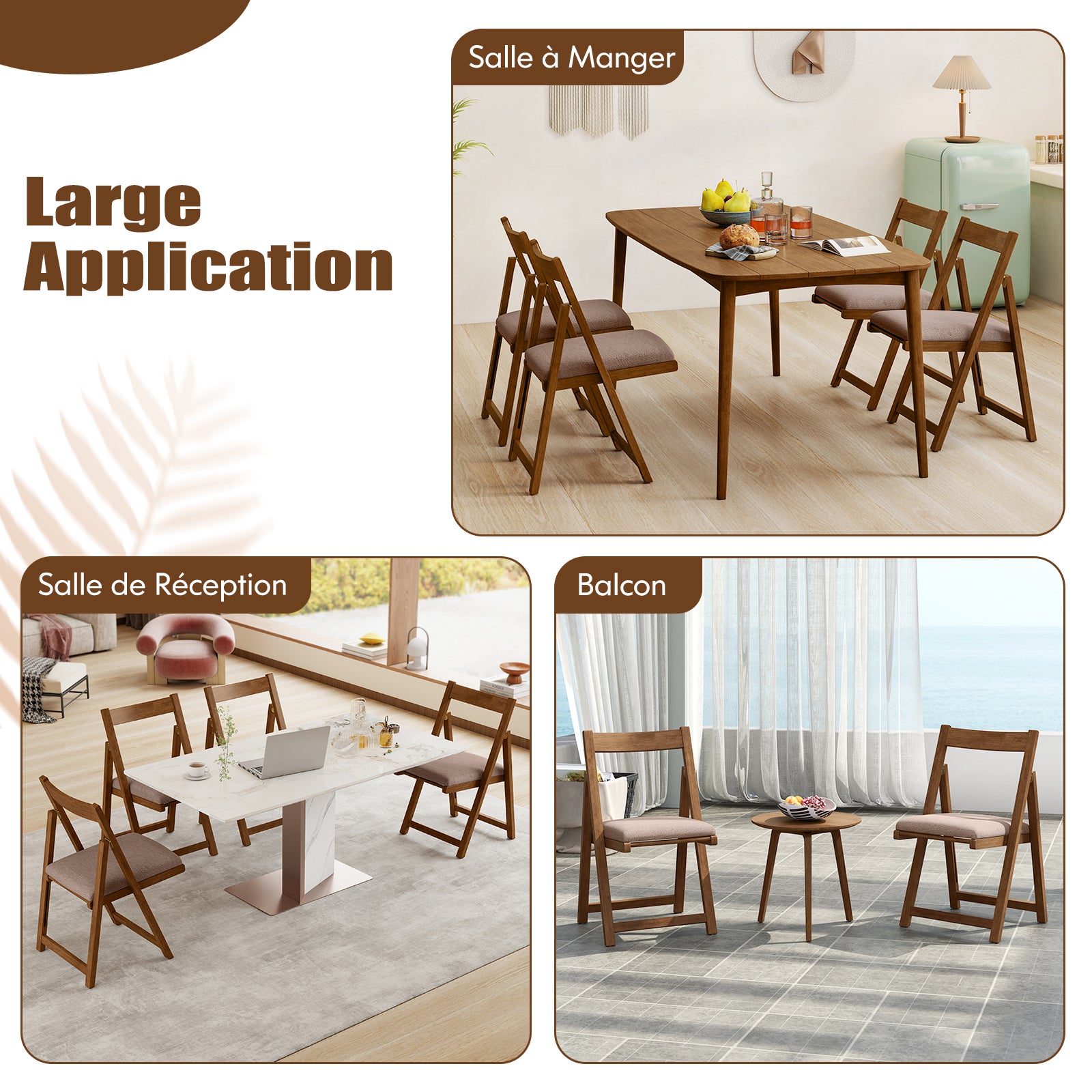 Lot de 2 Chaise Pliante avec Dossier Courbé, Chaises de Salle à Manger Rembourrées, Structure en Bois de Caoutchouc, pour Salon, Charge 150 kg, Café - 8