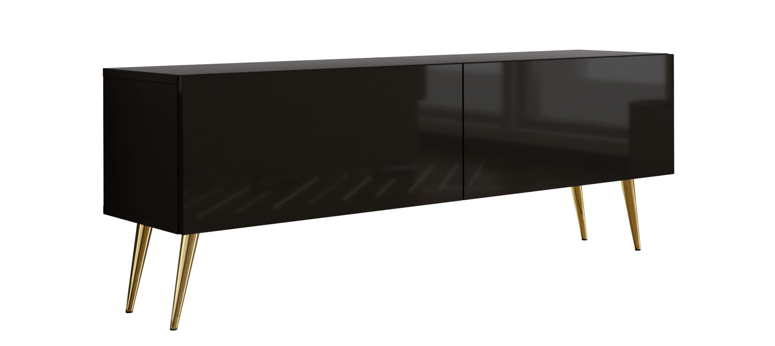 Szafka RTV : Czarny Matowy / Czarny Połysk, złote nogi, 140 x 32 x 52 cm