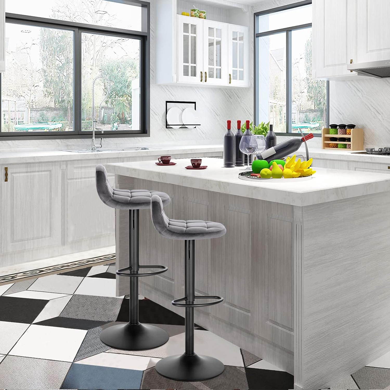 Lot de 4 Tabourets de Bar en Velours WOLTU, Tabouret de Comptoir Tabouret Haut Hauteur Réglable Pivotant à 360°, Gris Foncé - 2