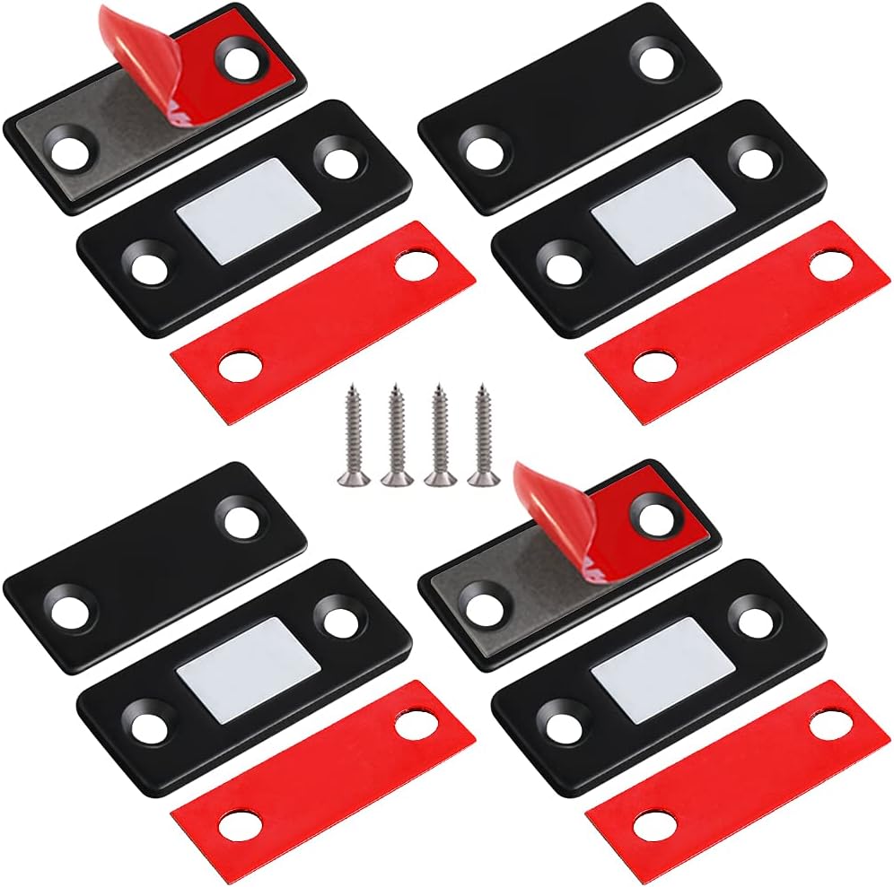 Magnetyczne zatrzaski do drzwi szafek, 4 sztuki, ultracienkie zatrzaski magnetyczne do przyklejenia na magnes, czarne