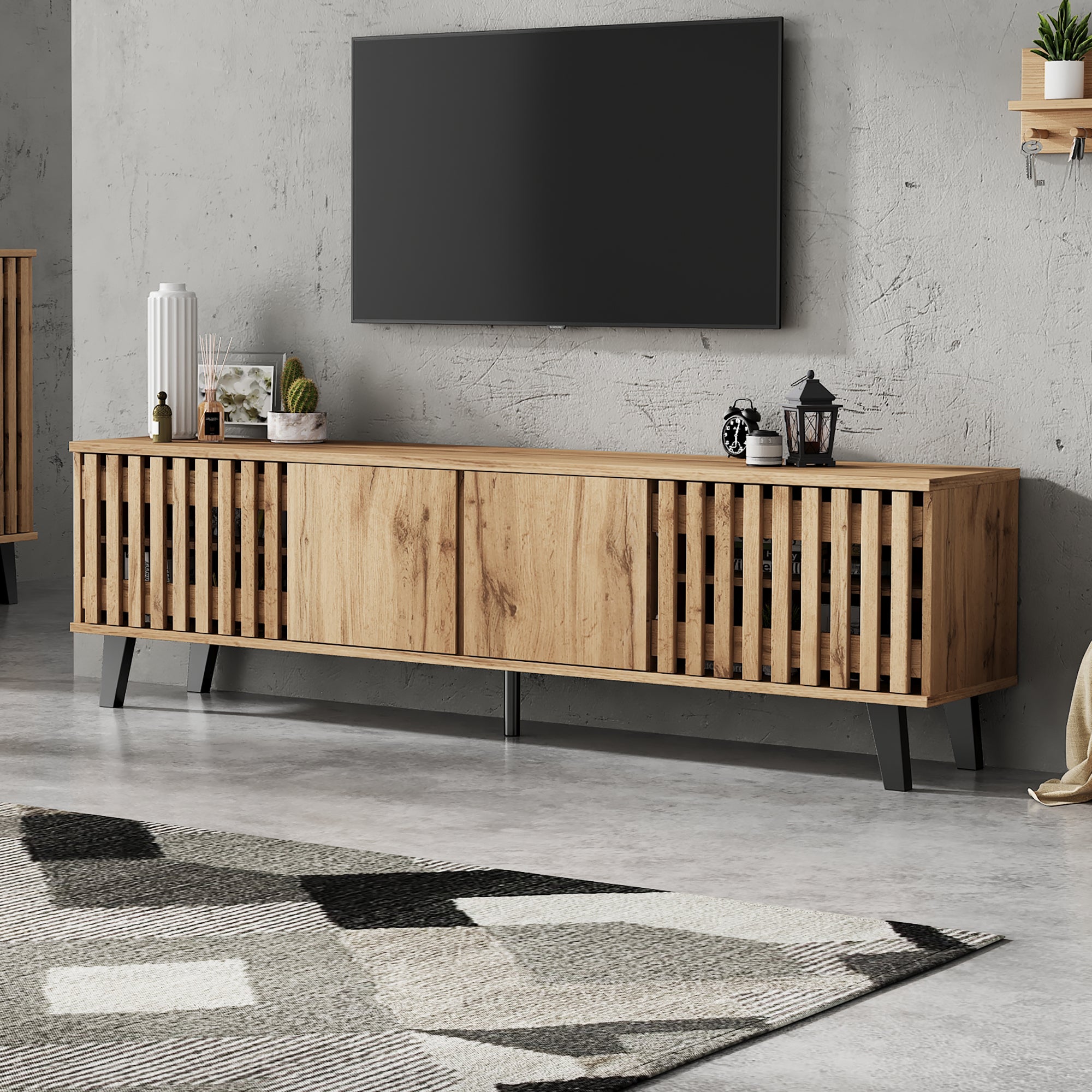 Meuble TV 180x40x55cm - avec 4 portes - Style scandinave - Naturel - 3