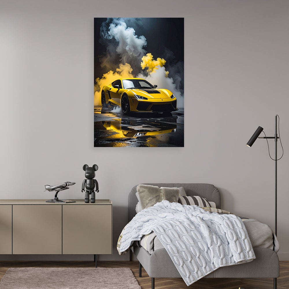 Obraz do salonu biura pokoju nastolatka, Żółty Sportowy samochód wyścigowy 40x60 - 2
