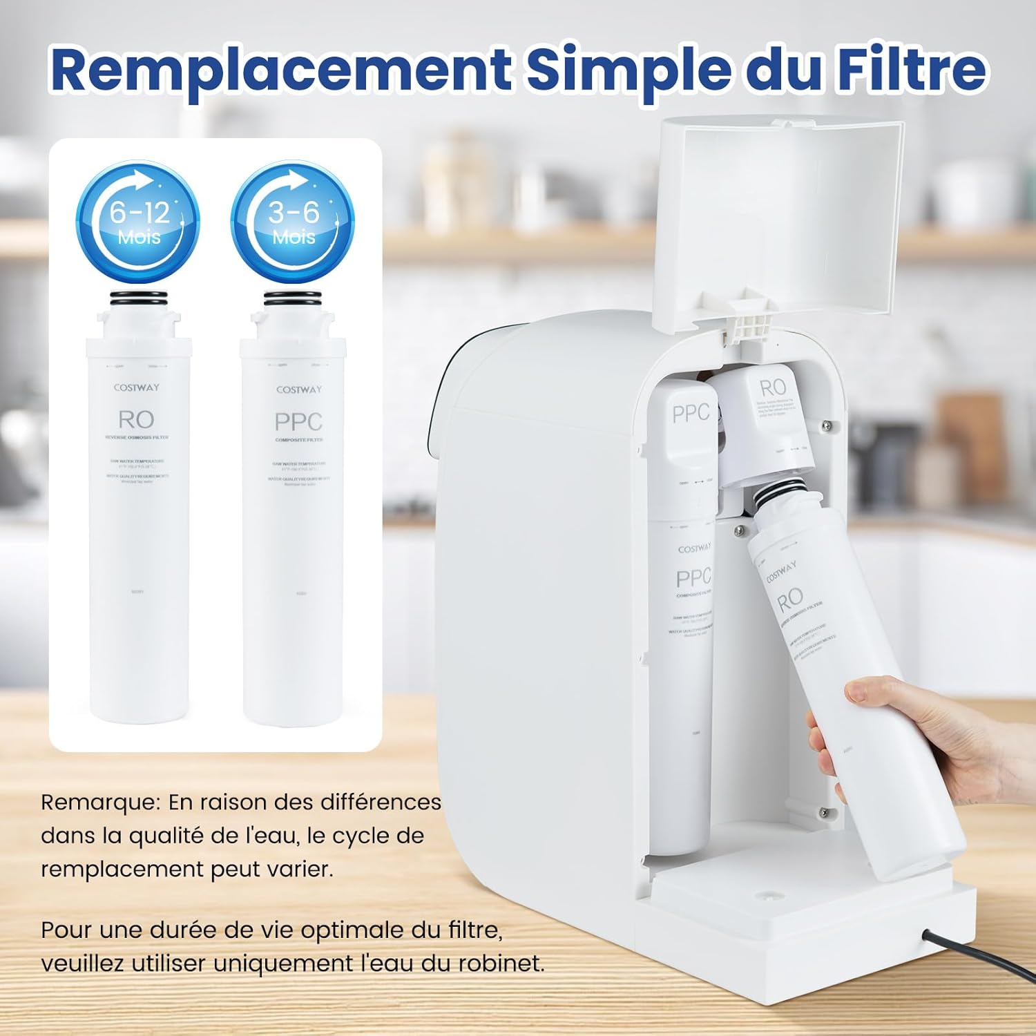 Purificador de água com sistema de osmose inversa para bancada, distribuidor de água com UV, 4:1 puro para drenagem, 4 volumes ajustáveis - 3