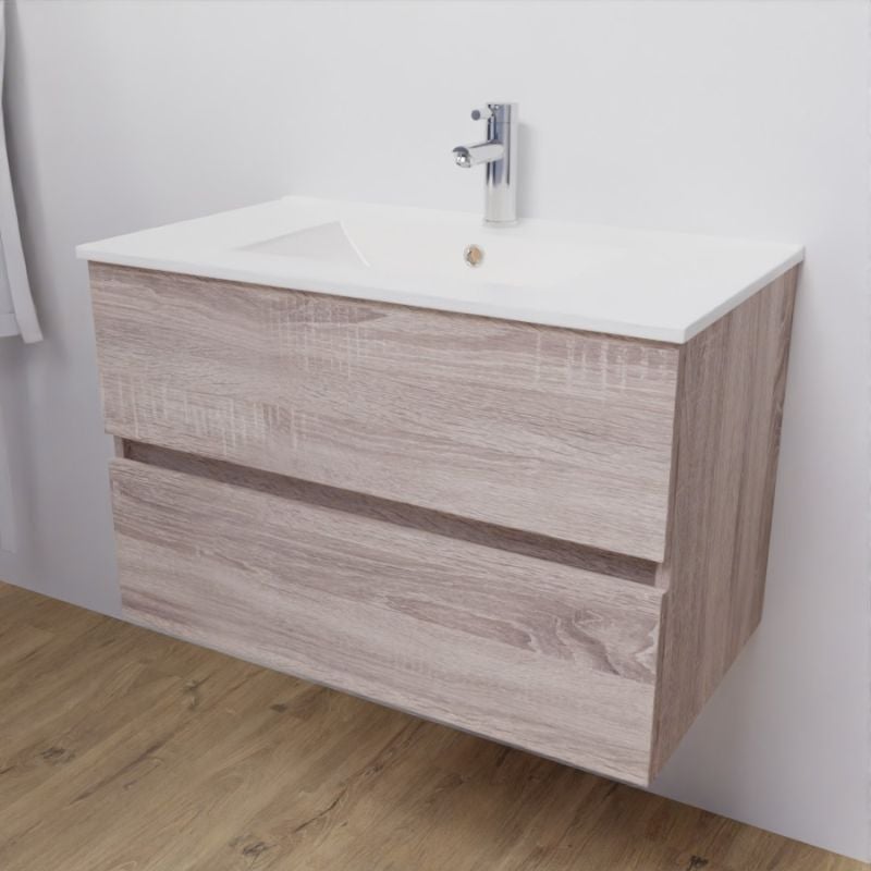 Meuble salle de bain suspendu 80 cm ROSALY | coloris : Bois | plan vasque : Céramique - 5