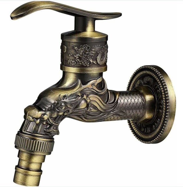Retro mosiężny kran ścienny, kran ogrodowy G1/2", antyczny mosiężny kran, antyczny kran ścienny, antyczny miedziany kran z rzeźbionym smokiem do 