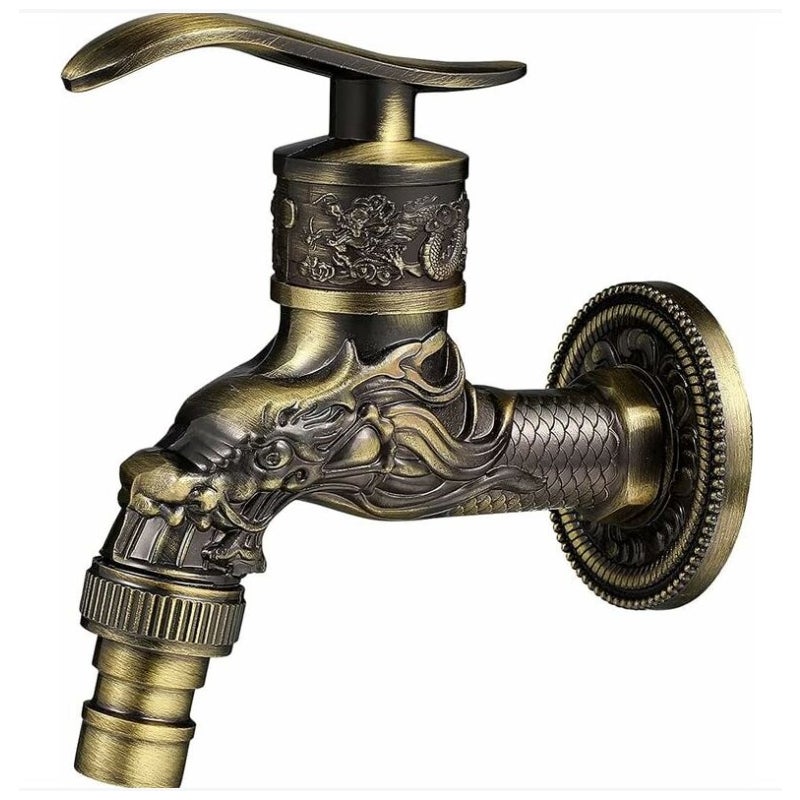 Retro mosiężny kran ścienny, kran ogrodowy G1/2", antyczny mosiężny kran, antyczny kran ścienny, antyczny miedziany kran z rzeźbionym smokiem do
