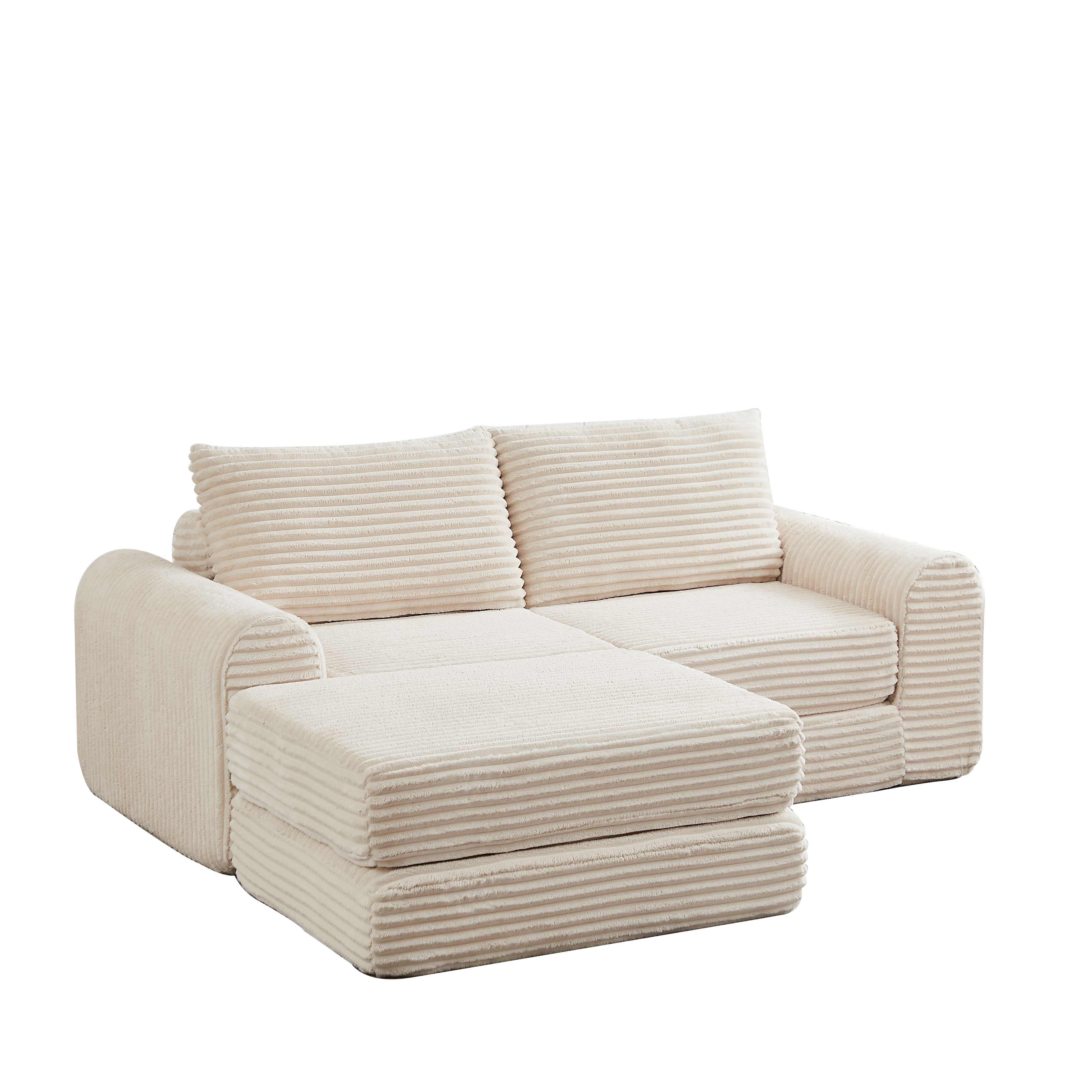 Canapé-lit velours côtelé 2-en-1, deux oreillers, accoudoirs incurvés stylés, repose-pieds amovible, modulaire flexible., Beige - 3