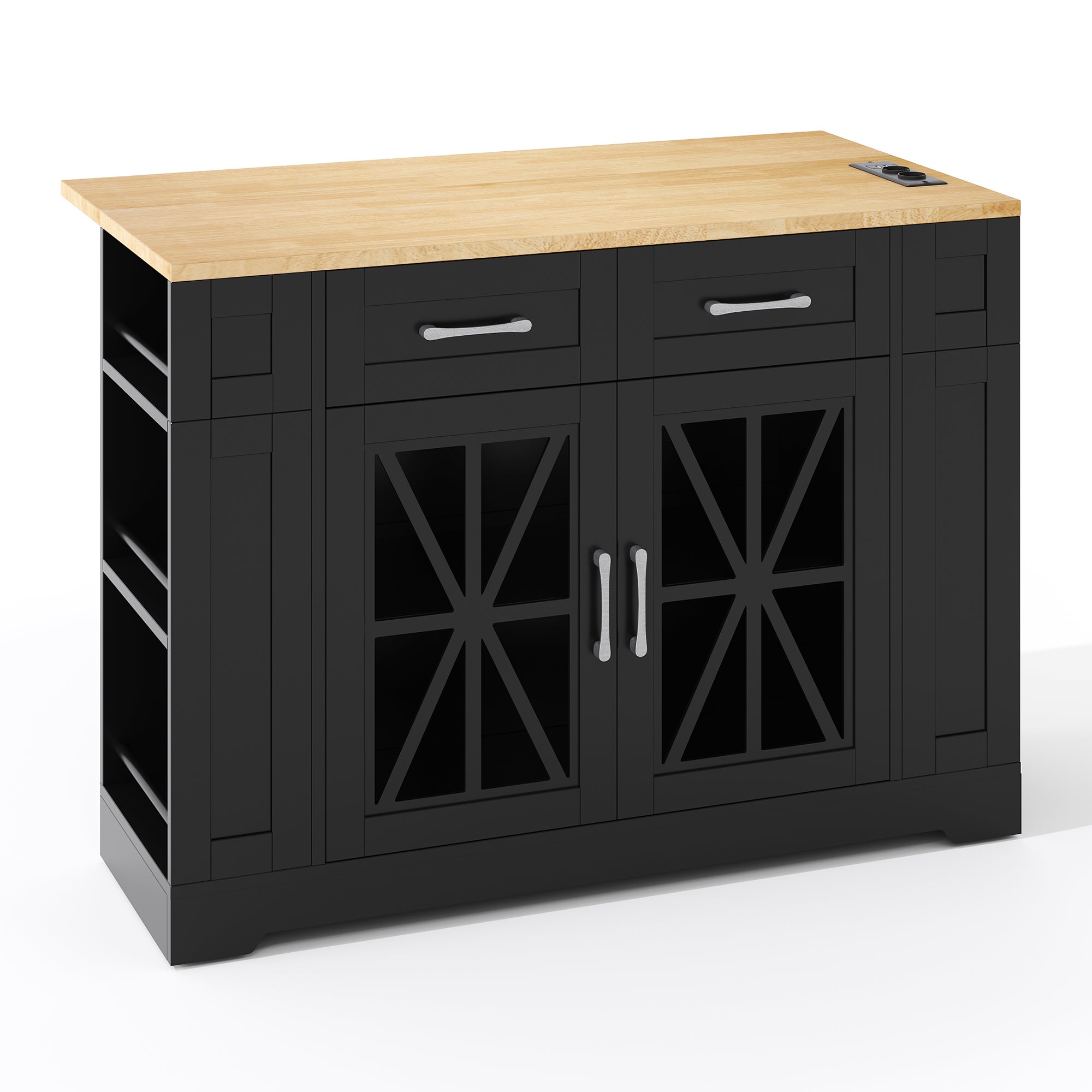 Mobilna wyspa kuchenna - z USB - rozkładany blat - 2 szuflady i 2 fronty - MDF - Czarny - 7