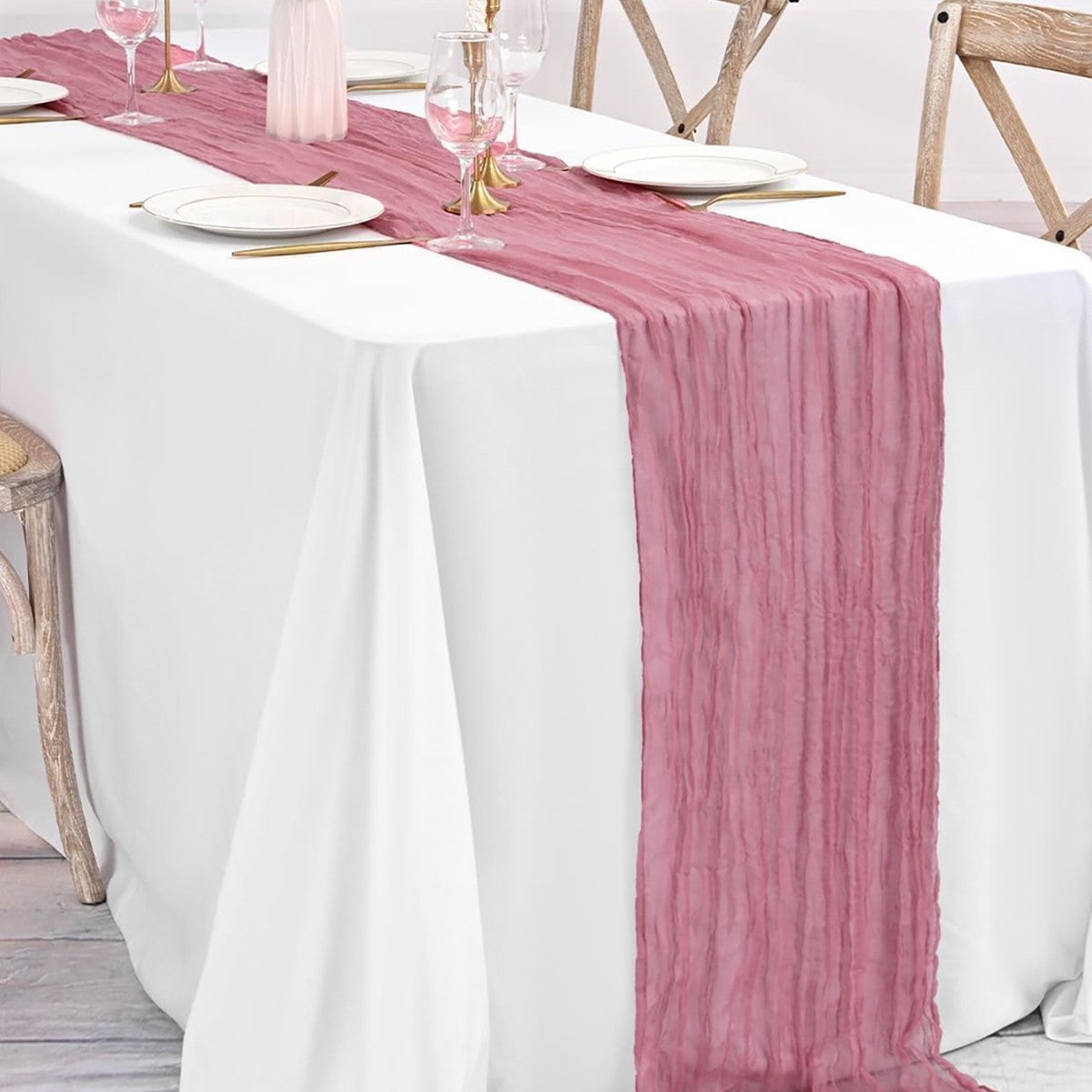 Runner Da Tavola Lungo In Garza Bianca – 90x300 Cm – Per Matrimoni E Feste – Effetto Vintage