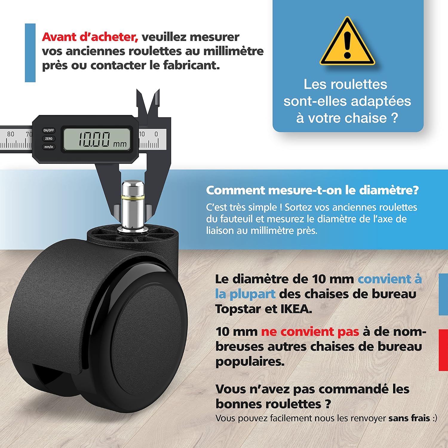 Jeu de 5 Roulettes de chaises de bureau 10 mm x 22 mm - - Roulettes pour sols durs jusqu'à 175 kg - - Roues pour chaises pivotantes - - Installation f | Leroy Merlin