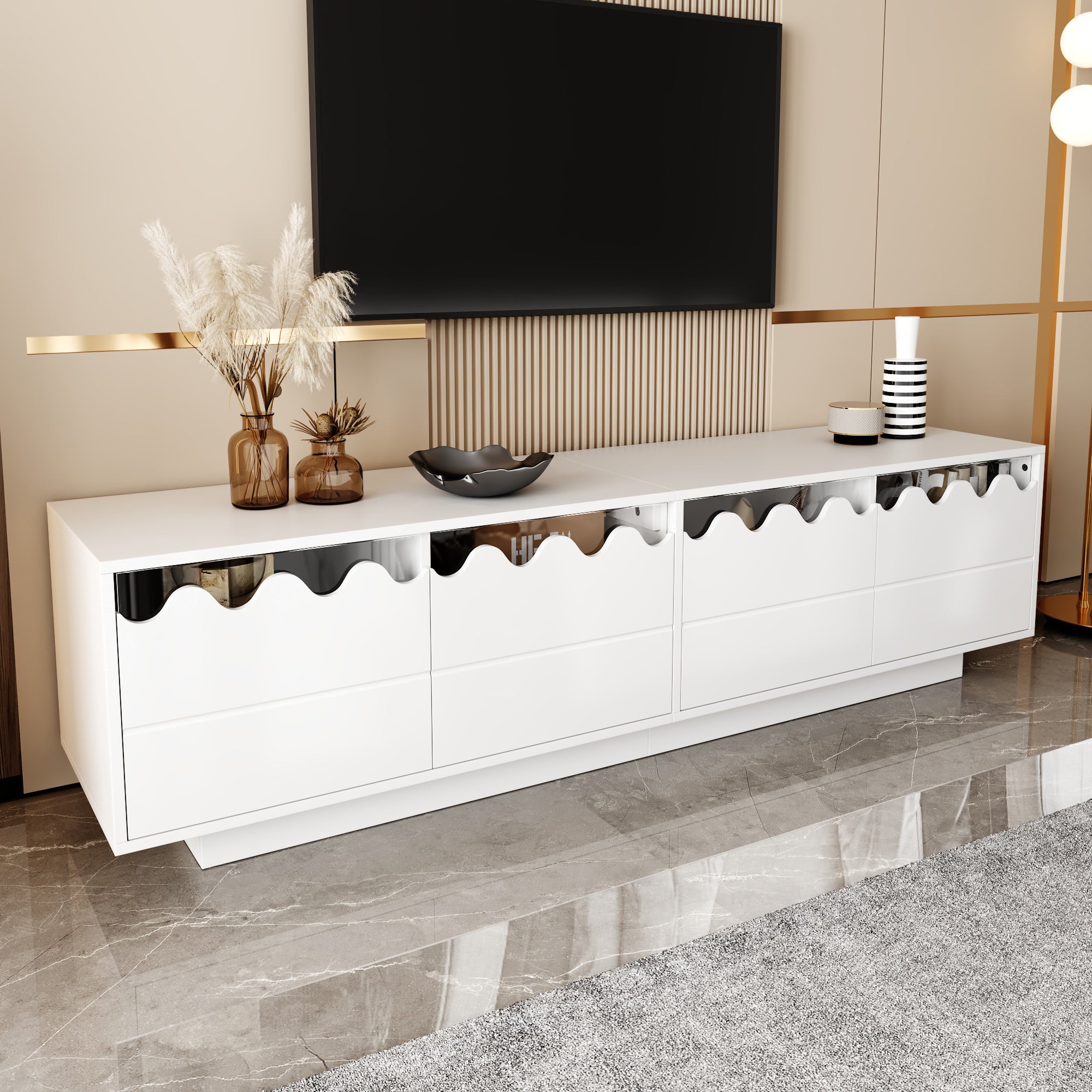 Nowoczesna szafka RTV 170 x 40 x 45 cm - Z 4 drzwiami - Falisty wzór - Płyta MDF + Płyta wiórowa - Biała