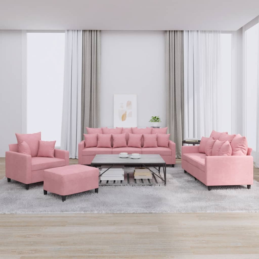 Conjunto de sofás 4 piezas con cojines terciopelo rosa