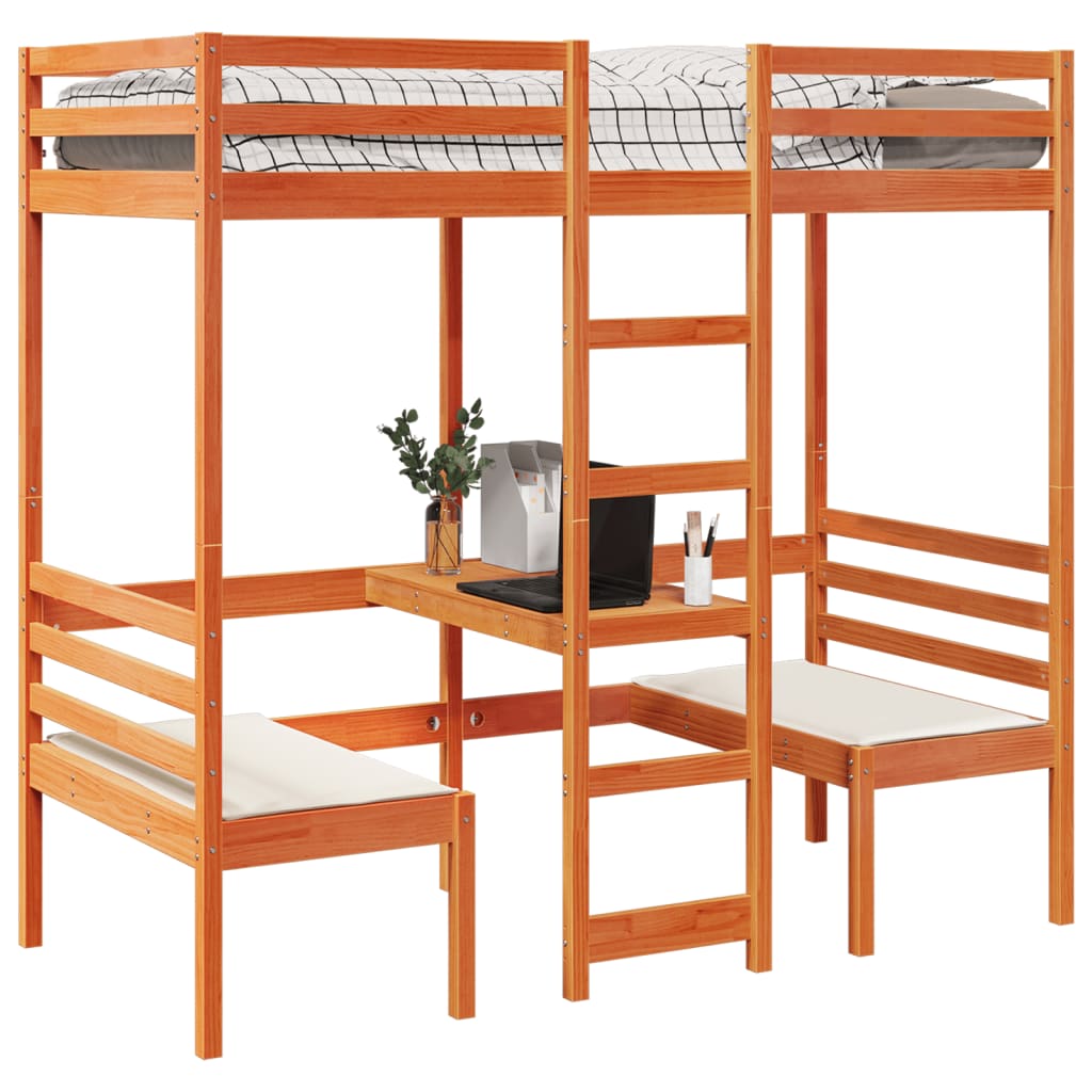 Lit mezzanine avec bureau et chaises, pin, brun ciré, pour la chambre, 90 × 200 cm - 4