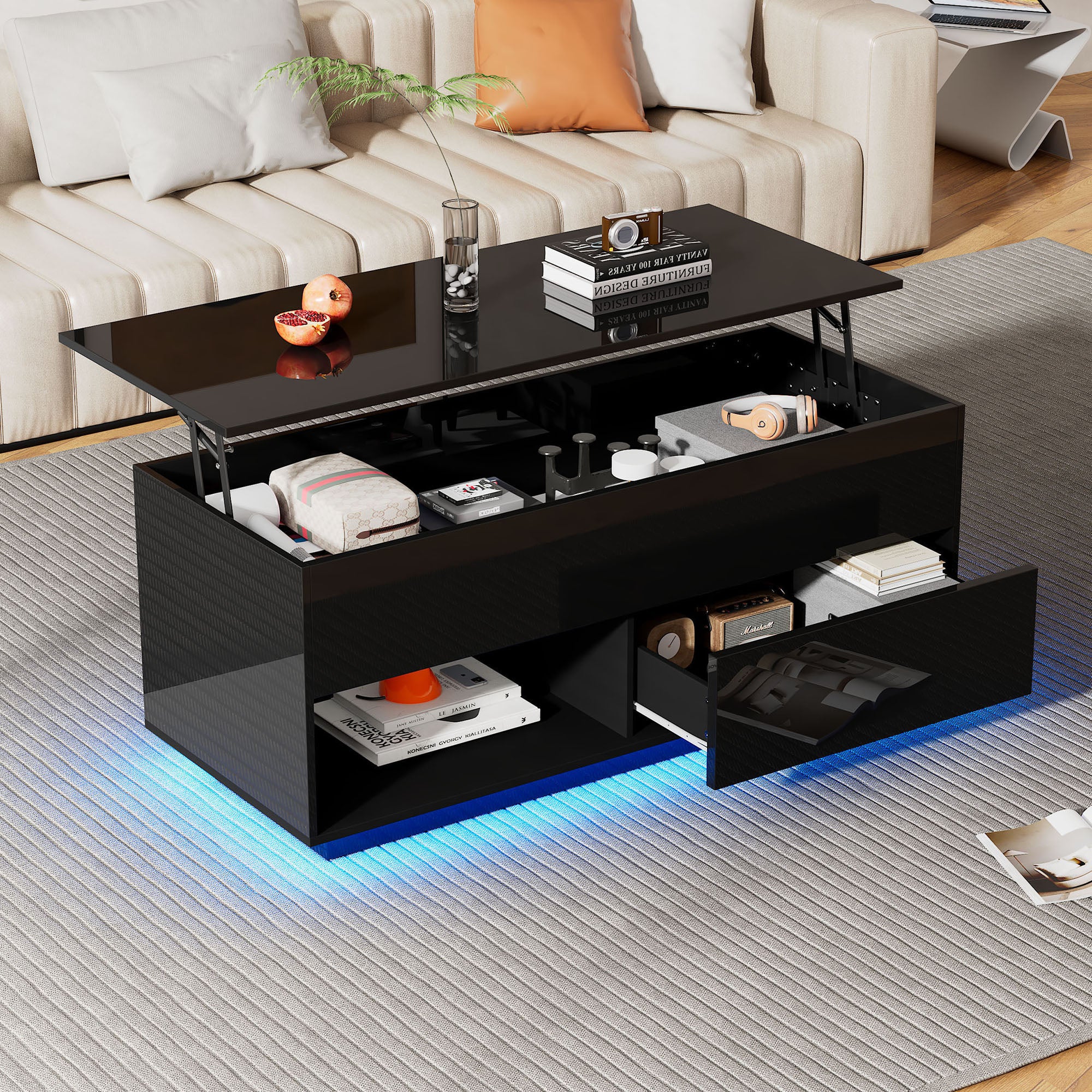 Tavolino Da Tè Sollevabile Lucido 100x50x45 Cm Con Illuminazione A LED Piano Semi Sollevabile E Design Scorrevole Laterale Sollevamento Idraulico E Spazio Di Stoccaggio 85428260