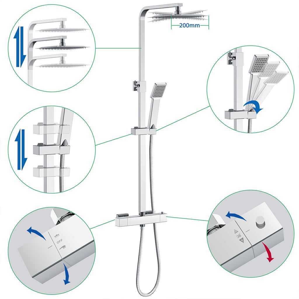 AICA Kit doccia con rubinetto termostatico, soffione doccia quadrata acciaio inox, asta doccia regolabile 76-118cm, cromato, antiscottatura - 5
