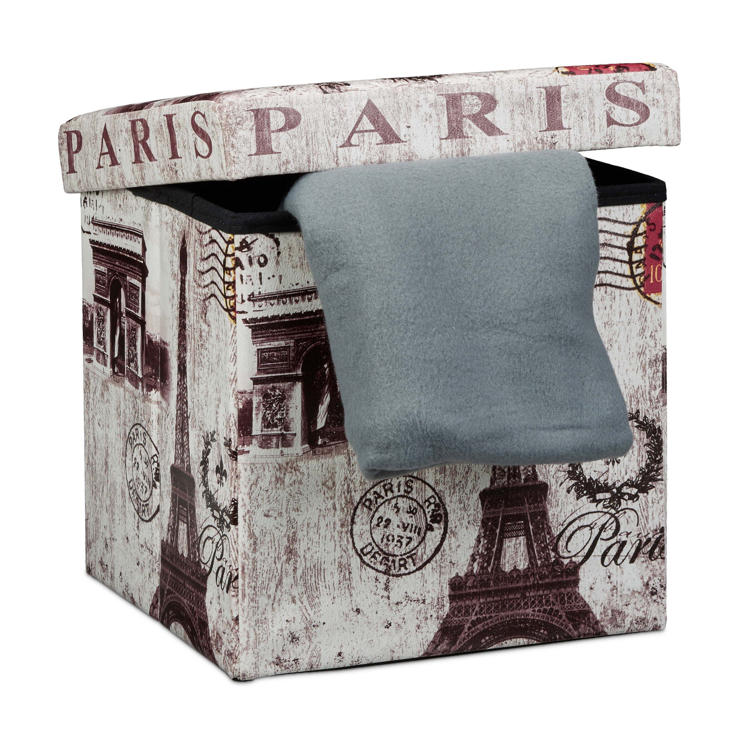 Relaxdays banco taburete con baúl, cuero sintético, 38 x 38 x 38 cm, carga máx. 300 kg, almacenamiento, diseño parís