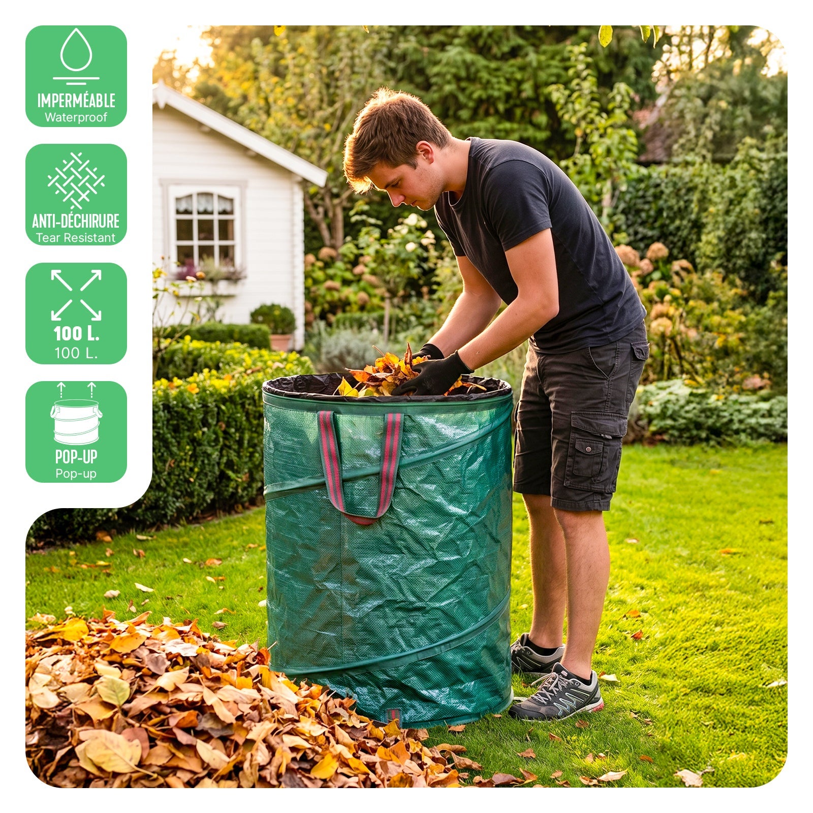 VOUNOT® 3 x 100L Borsa da Giardino per Foglie, Sacchi da Giardinaggio Pop Up, Sacco per Rifiuti da Giardino con Maniglie - 2
