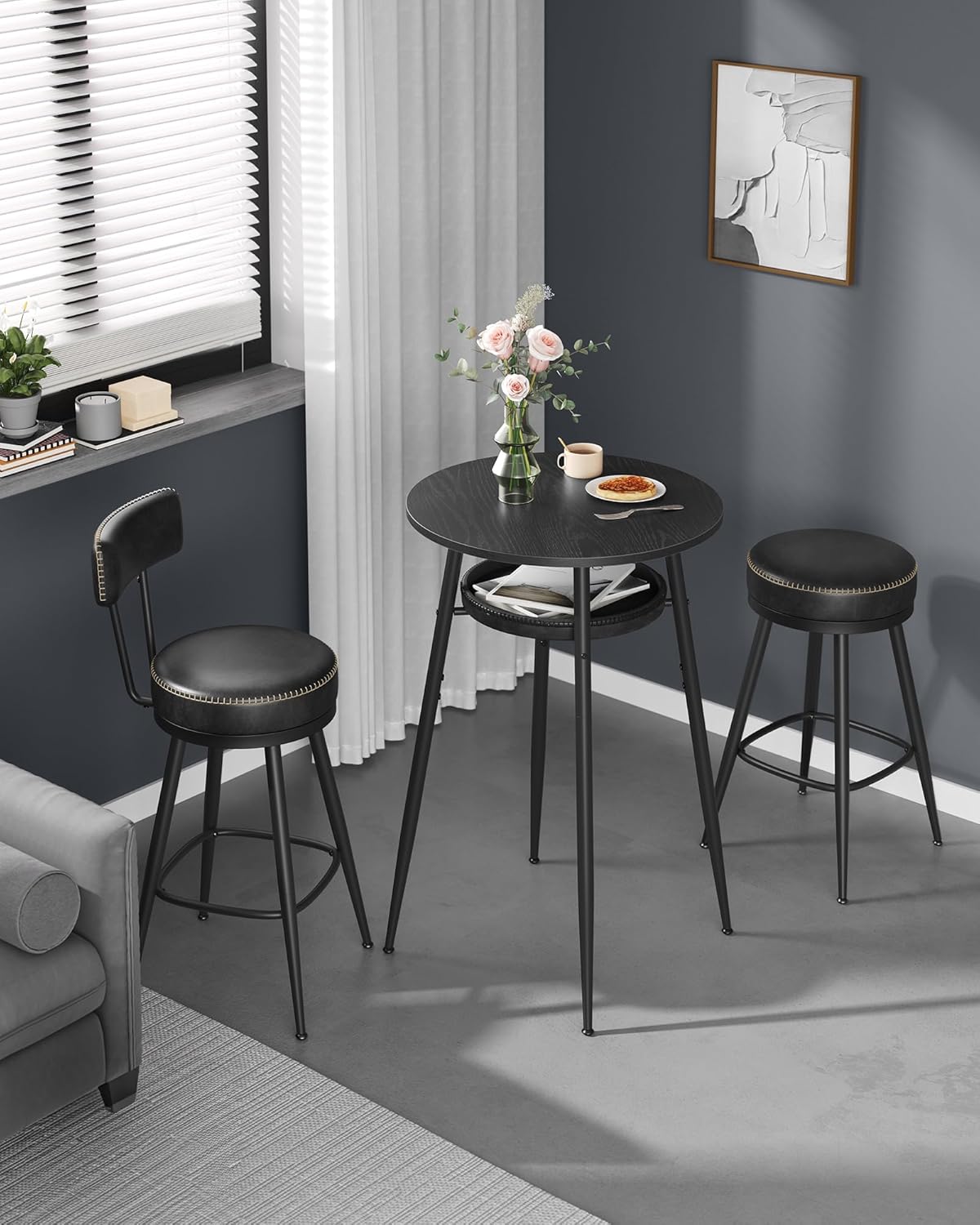 Tavolino Da Bar Rotondo Moderno | Piano In Legno Ø60 Cm, Altezza 110 Cm, Struttura In Metallio Nero - Foto 6