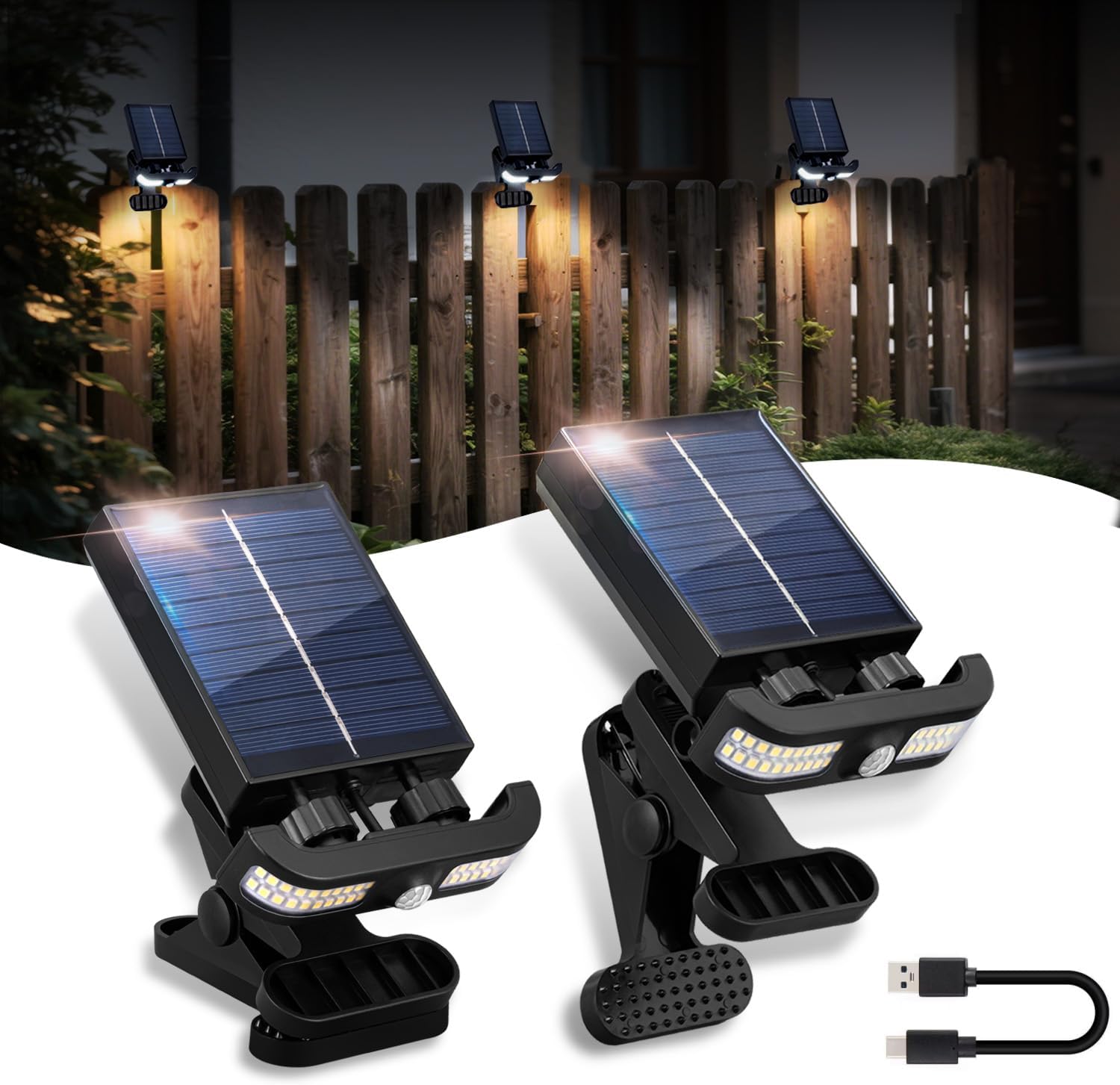 Lampa solarna zewnętrzna z czujnikiem ruchu, zasilana energią słoneczną i ładowana przez USB, IP55, do balkonów, rynien i tarasów (opakowanie 2 szt.)