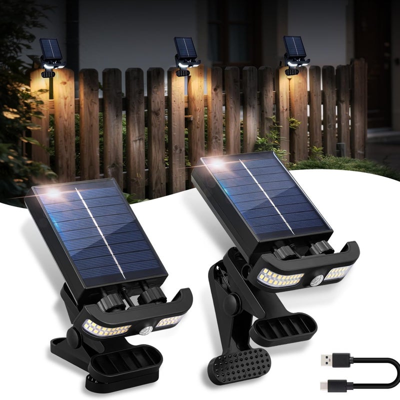 Lampa solarna zewnętrzna z czujnikiem ruchu, zasilana energią słoneczną i ładowana przez USB, IP55, do balkonów, rynien i tarasów (opakowanie 2 szt.)