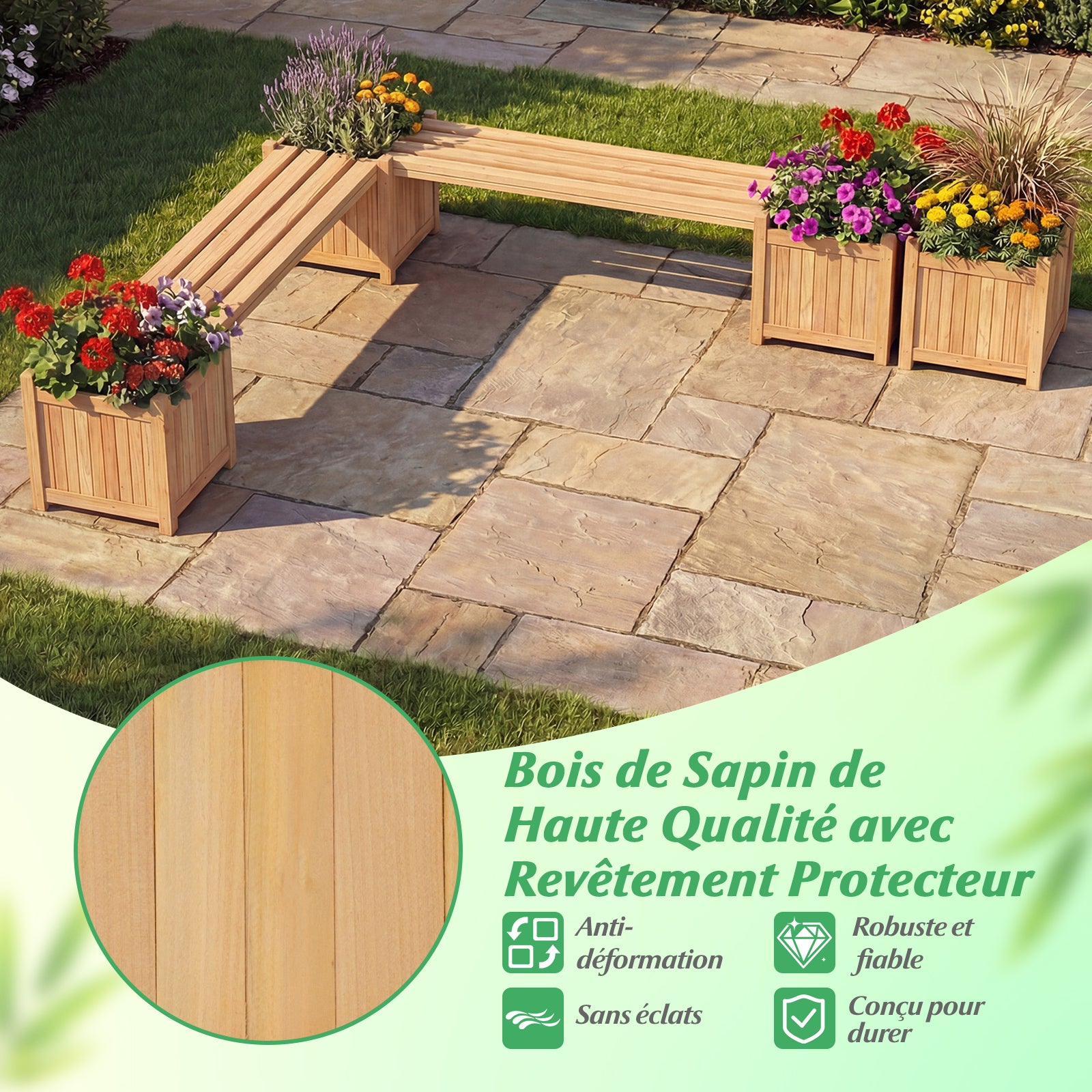Jardinières d'Extérieur avec Banc 169 x 35 x 35 cm, Bac à Fleurs en Bois Massif Finition Huile de Teck Base Ouverte, Lit de Jardin Surélevé, Naturel - 6