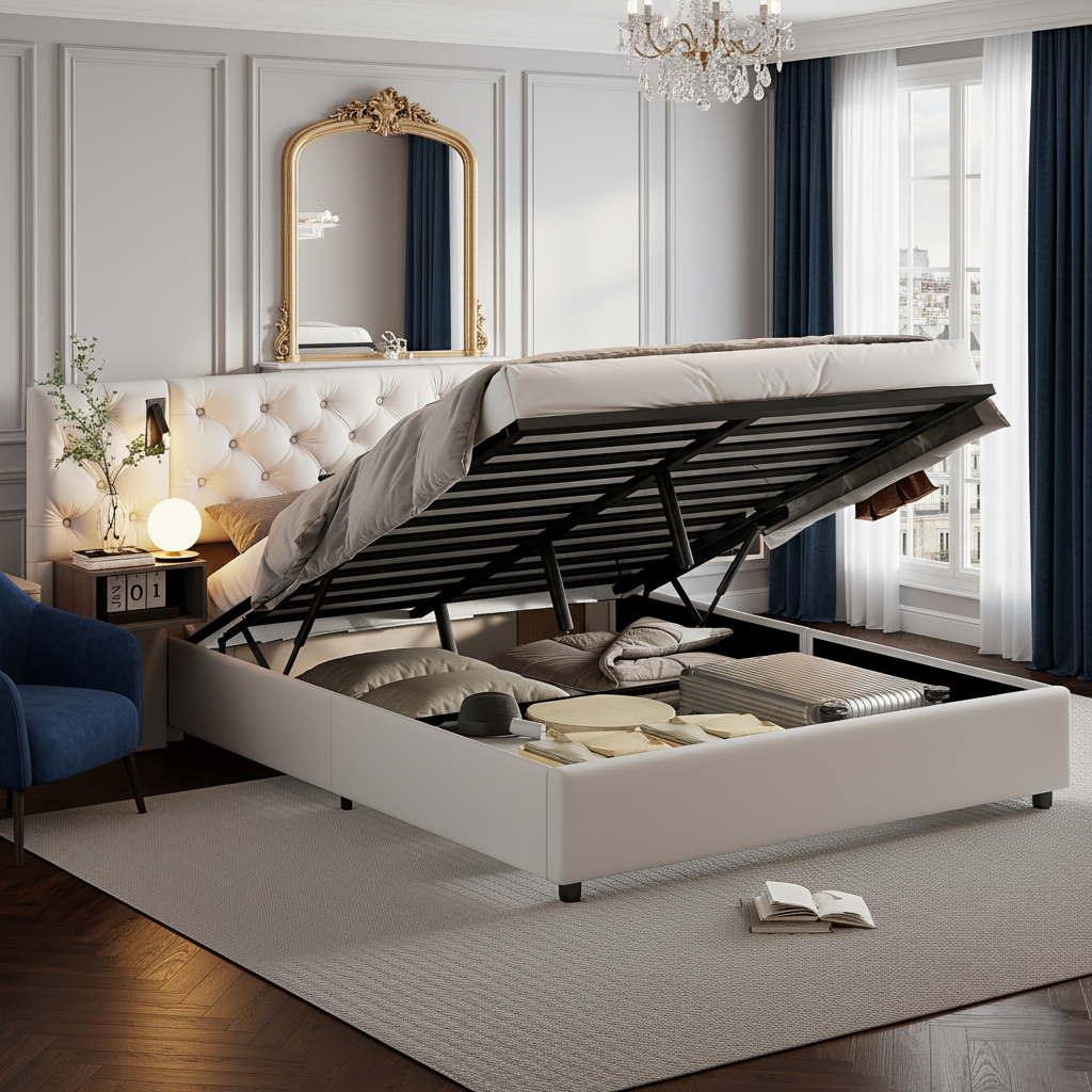 Lit coffre 140x200 cm, aec deux tables de chevet, deux lampes de — free download