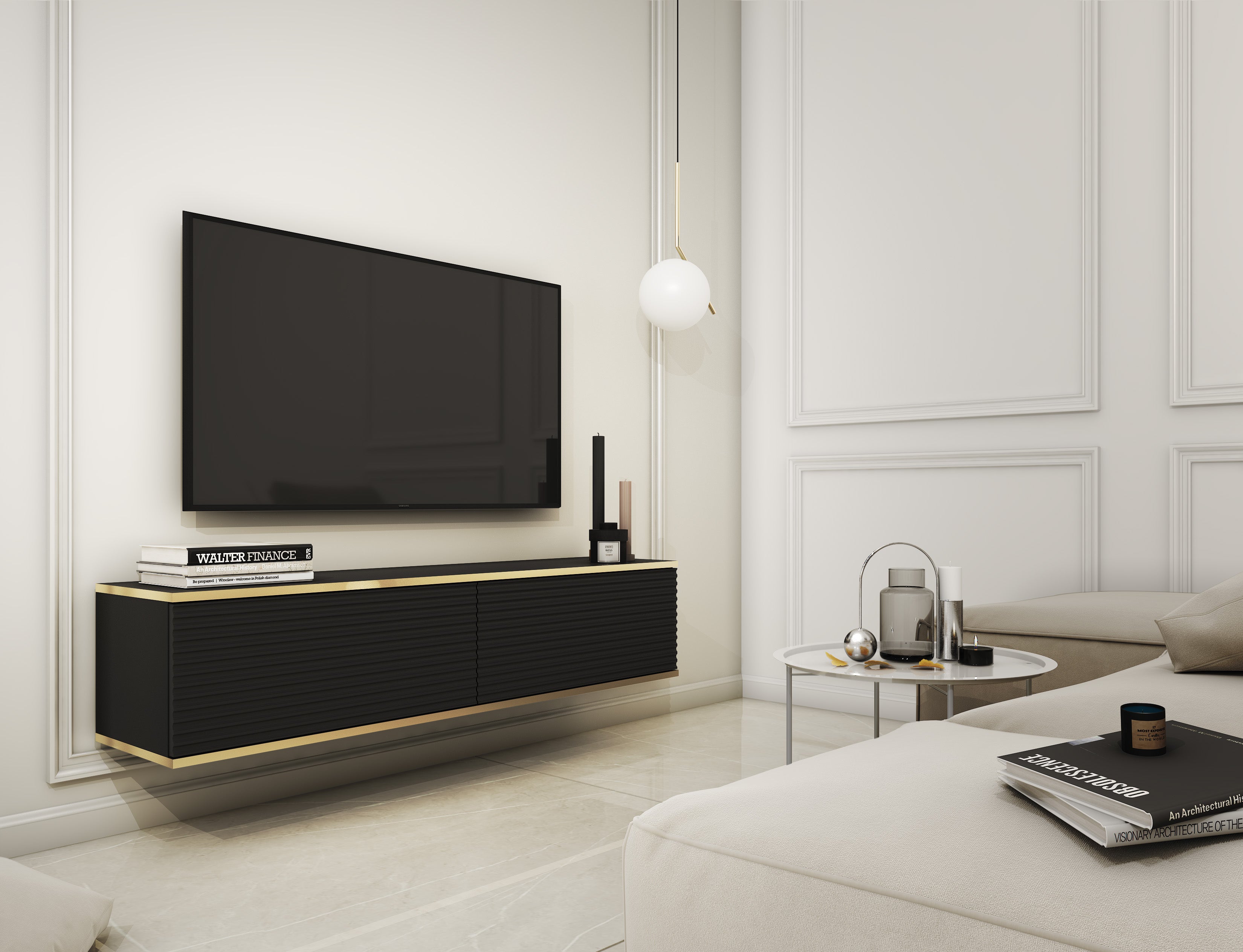 Stolik pod TV z czarnymi listwami, 135 x 30 x 32 cm, otwierany na naciśnięcie - 2