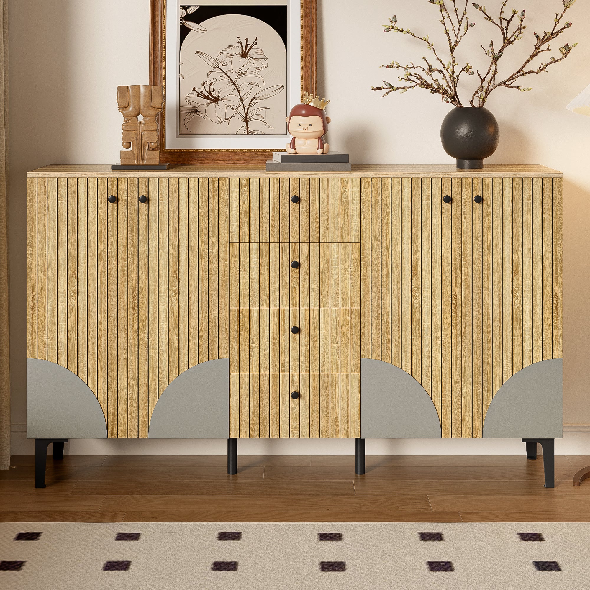Szafka na buty z 4 drzwiami i 4 szufladami - 160 x 36 x 94 cm - Płyta wiórowa i czarne nogi z tworzywa PVC - Kolor drewna - 6