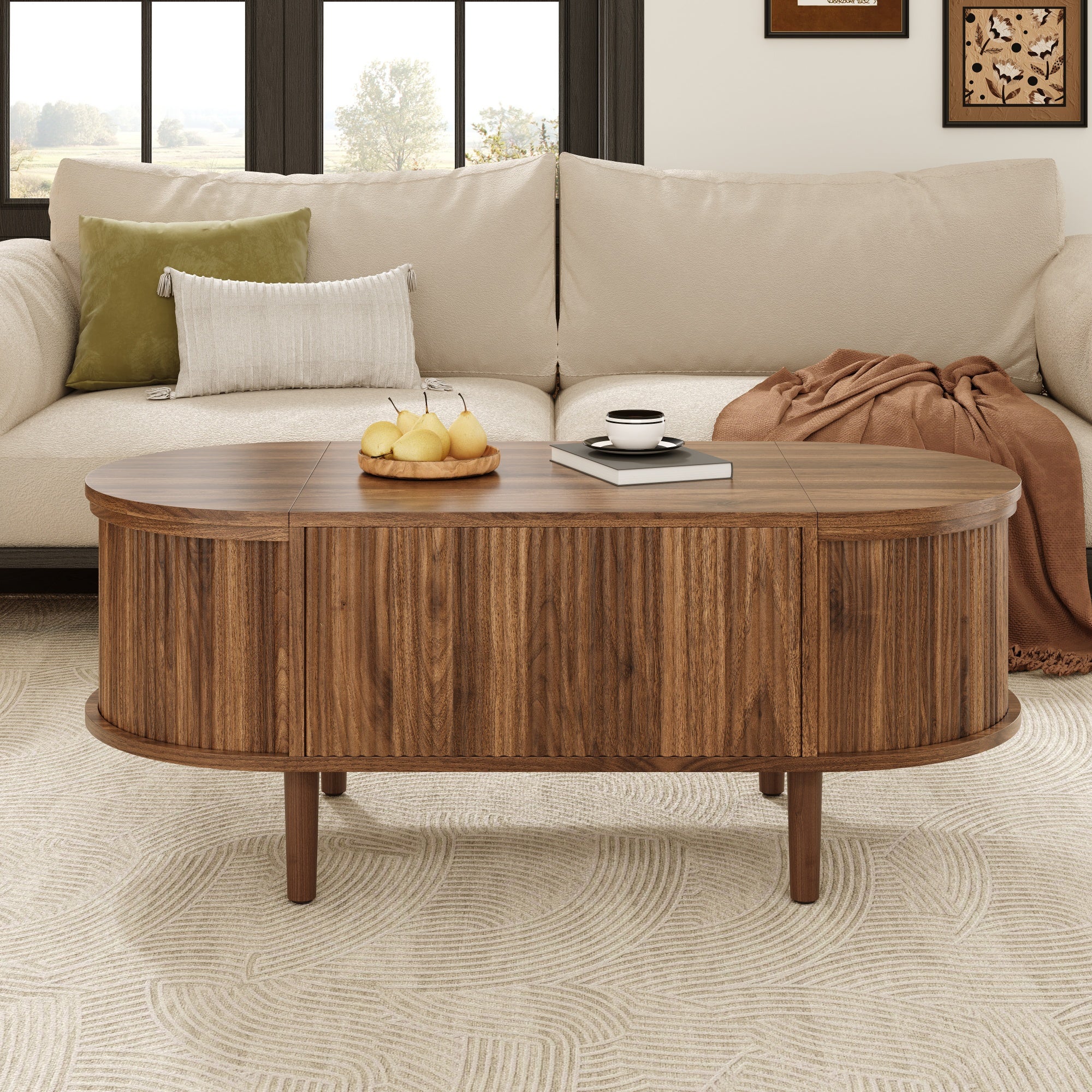 Owalny stolik kawowy z podnoszonym blatem – 100 x 48 x 53,5 cm – MDF i nogi z litego drewna – orzech - 7