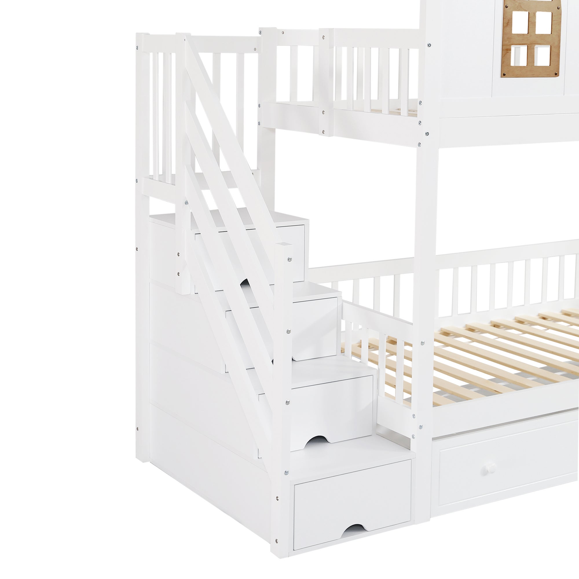 Lit superposé avec escalier de rangement et 2 tiroirs sous le lit - 90x200 cm - avec sommier à lattes - Blanc & Naturel - 6