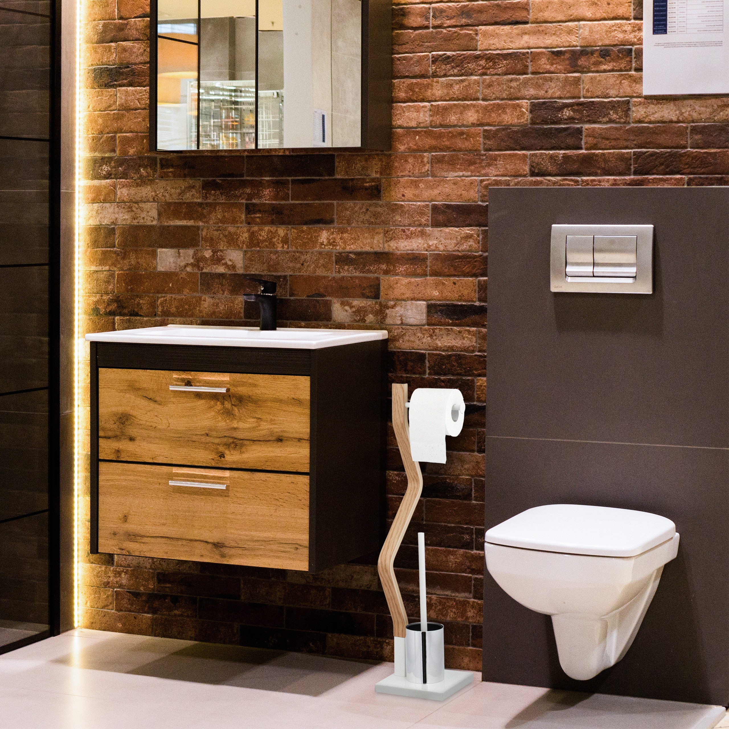 Piantana Porta Carta Igienica E Scopino Relaxdays | Legno E Acciaio, 75x18.5x18.5 Cm | Autoportante Per Bagno | Bianco/Marrone Naturale