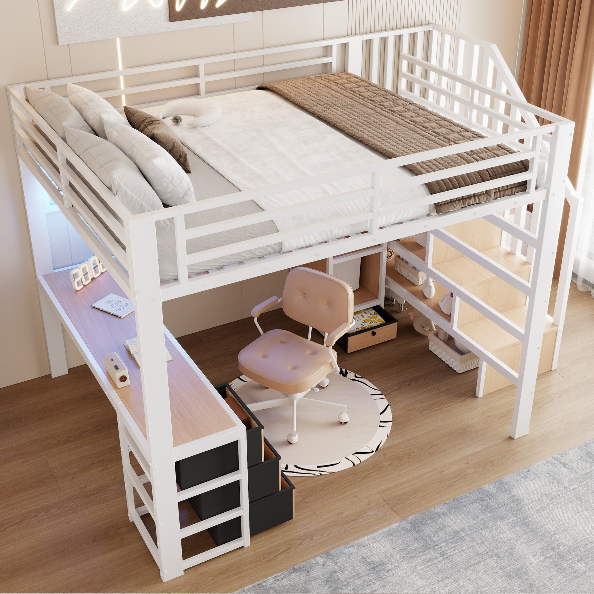 Lit mezzanine 140 x 200 cm avec bureau intégré, Lit adulte structure en fer avec penderie LED, 4 tiroirs et escalier de rangement, sans matelas, Blanc - 7