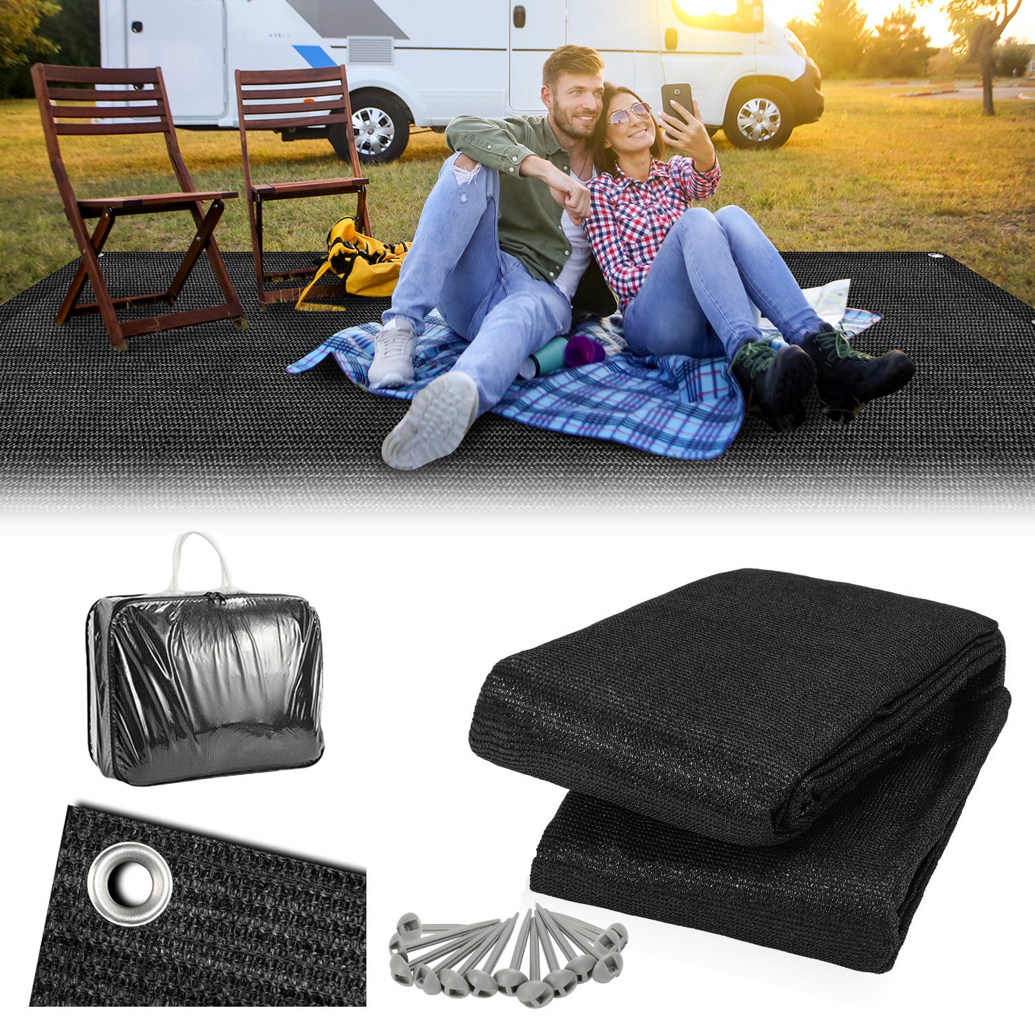 Dywanik campingowy 250x550 cm HDPE PEHD Czarny Komfortowy do odpoczynku na świeżym powietrzu