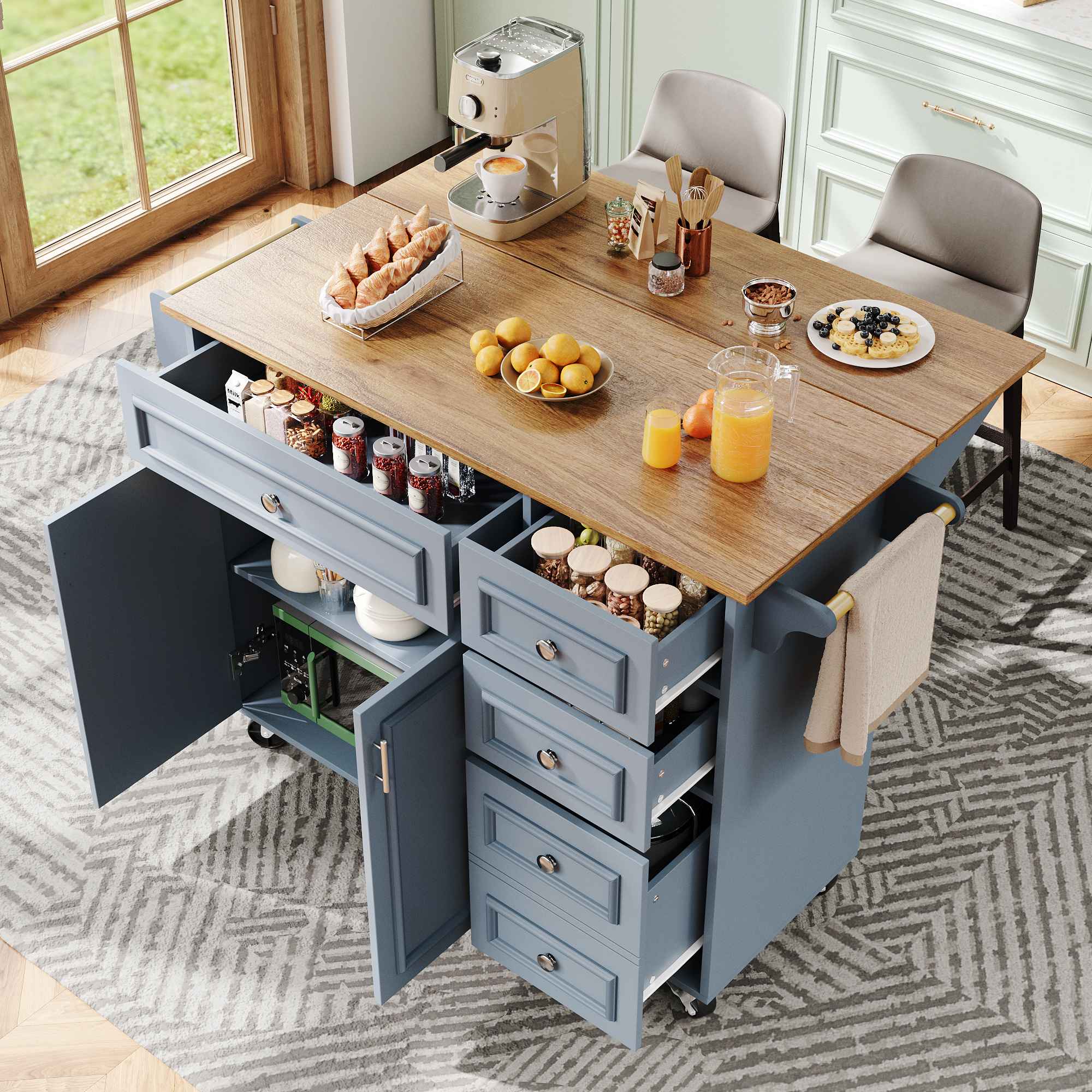 Isola Da Cucina Mobile Wyibwy Con Piano Estensibile - Carrello Con Ruote, Cassetti, Colore Naturale+grigio, 112-180,5 Cm