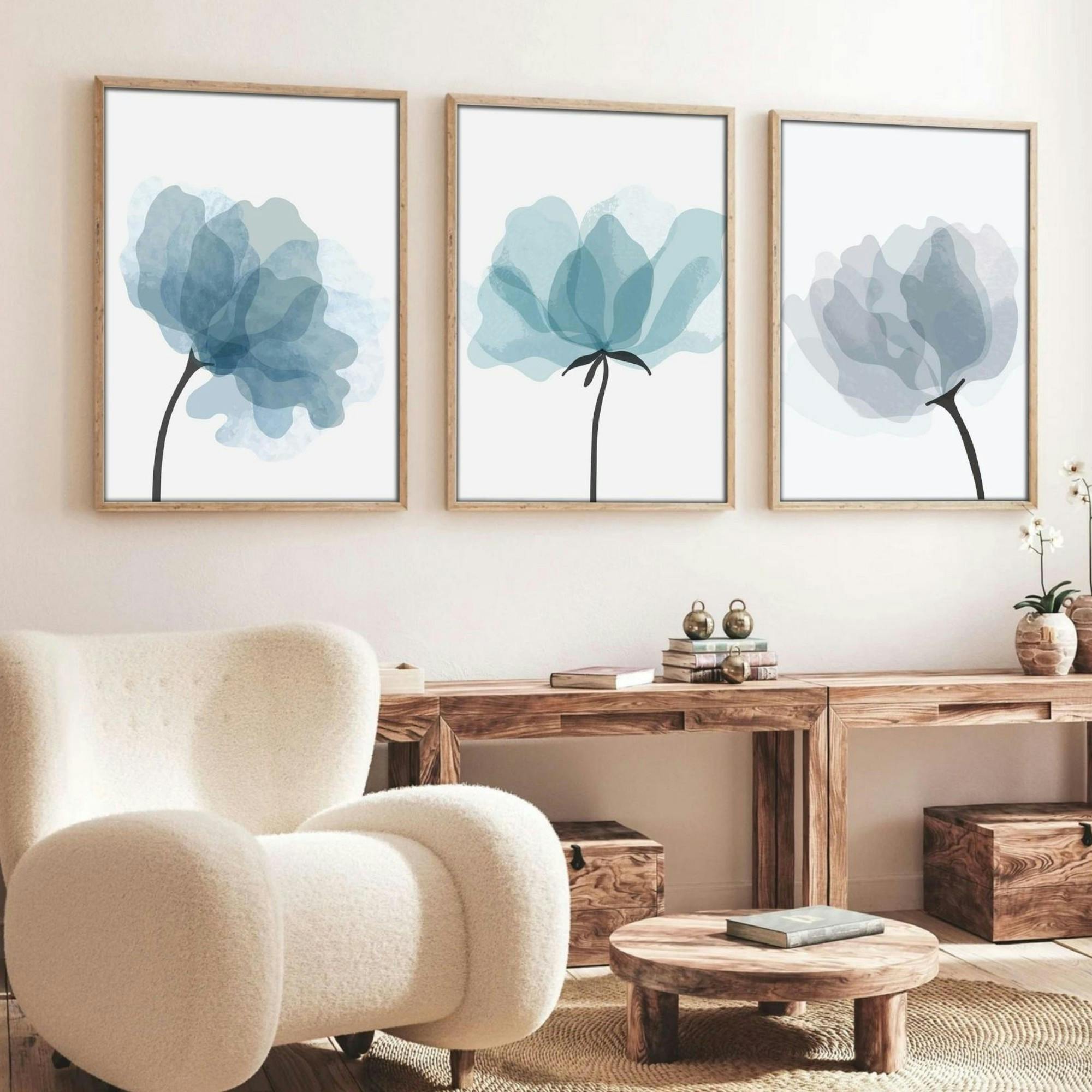 Tableau floral aquarelle bleu pastel – lot de 3 - 2
