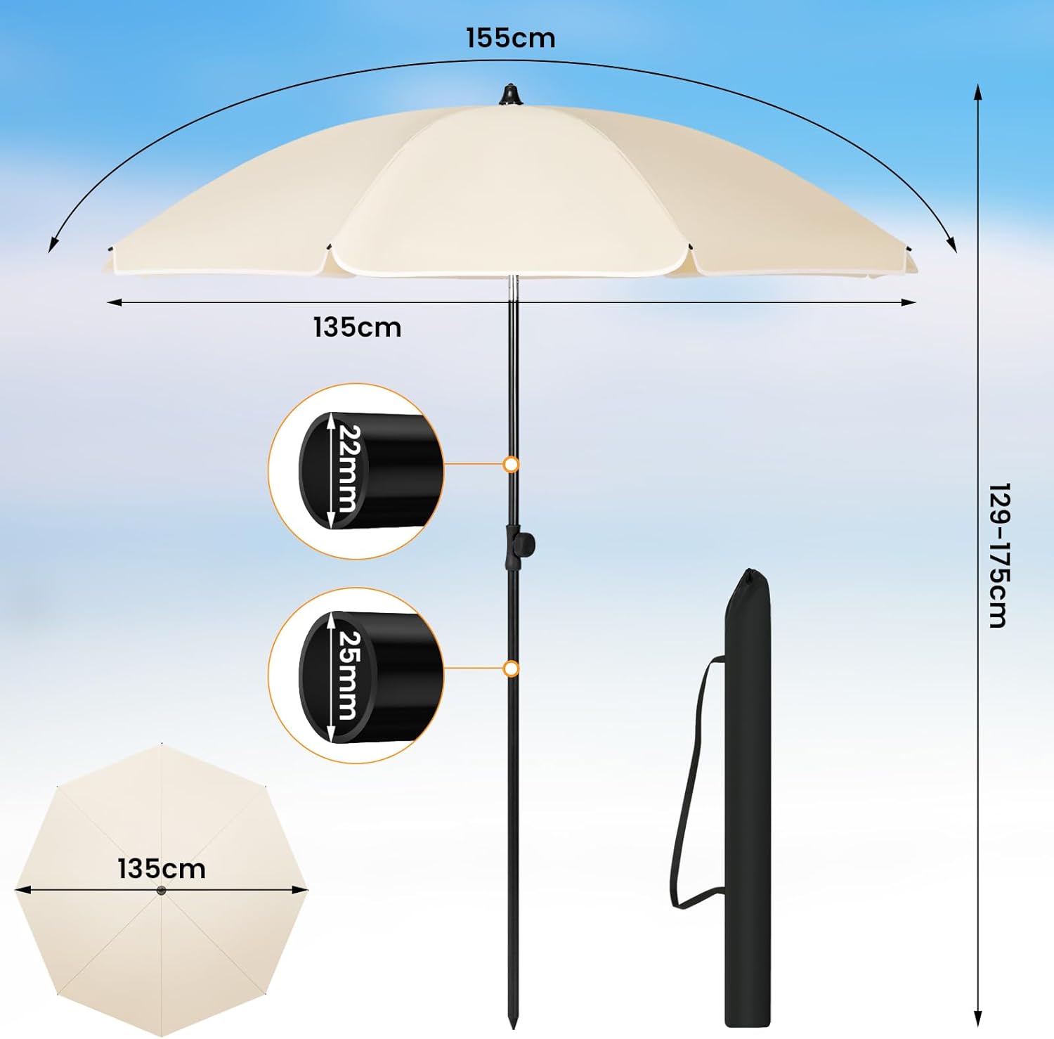 WOLTU Parasol de Jardin Extérieur, Parasol Plage, Hauteur Réglable, Parasol pour Balcon, Terrasse, Plage, Marché, Anti-UV, φ 155 cm Beige - 5
