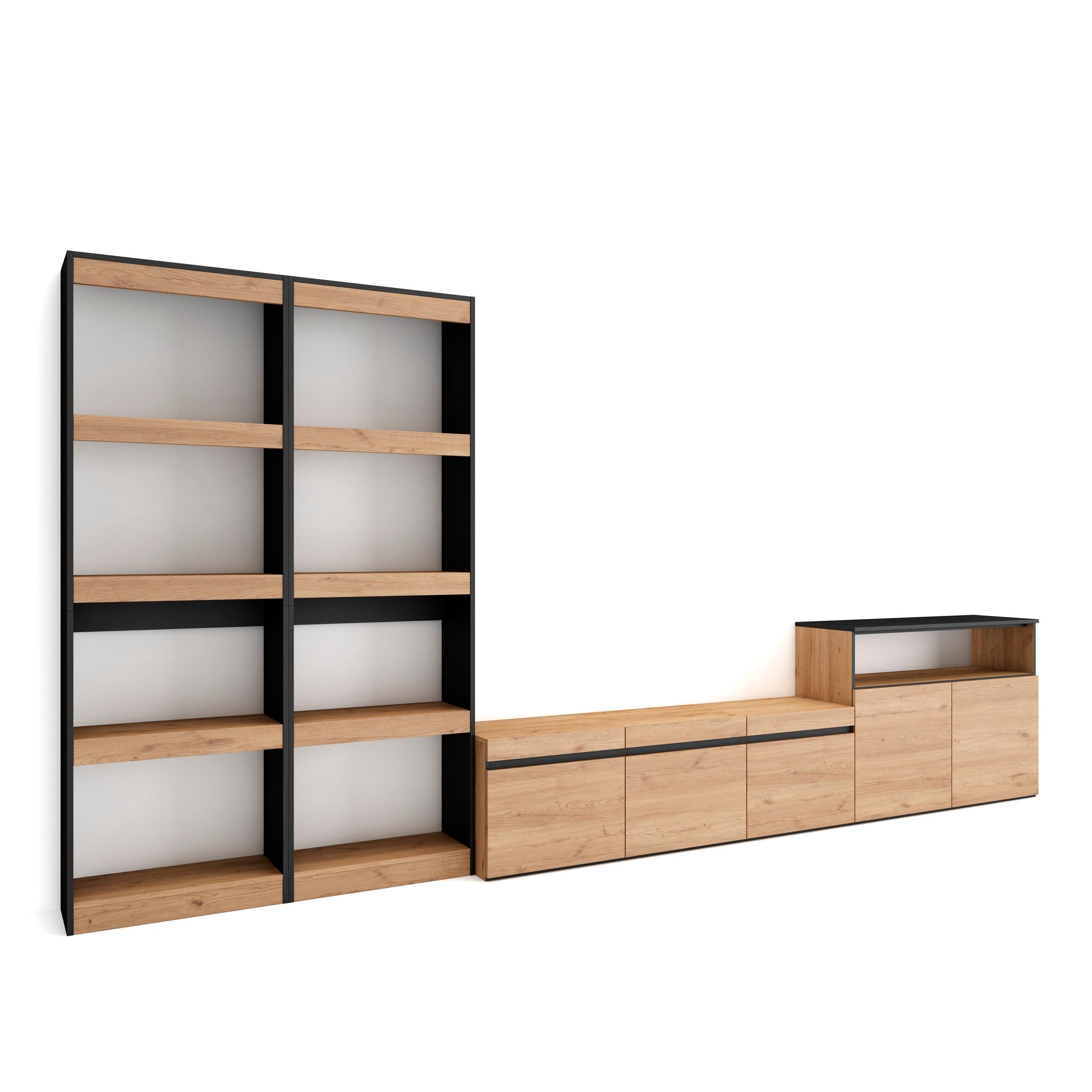 Meuble TV Modulaire VOWNER 280x180.3x40 Cm - Bibliothèque Avec Portes Verre Et Étagères, Bois MDF Noir/Blanc