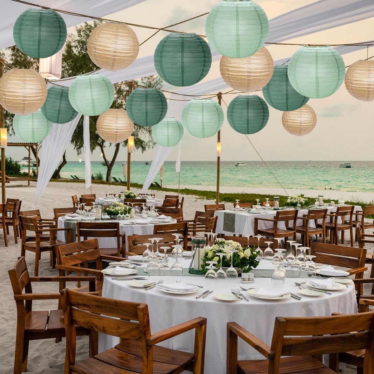 15 Lanternes en Papier Vert Sauge,Crème et Doré - Décoration Parfaite pour Mariages, Anniversaires, Fêtes Prénatales et Jardins 25cm - 8