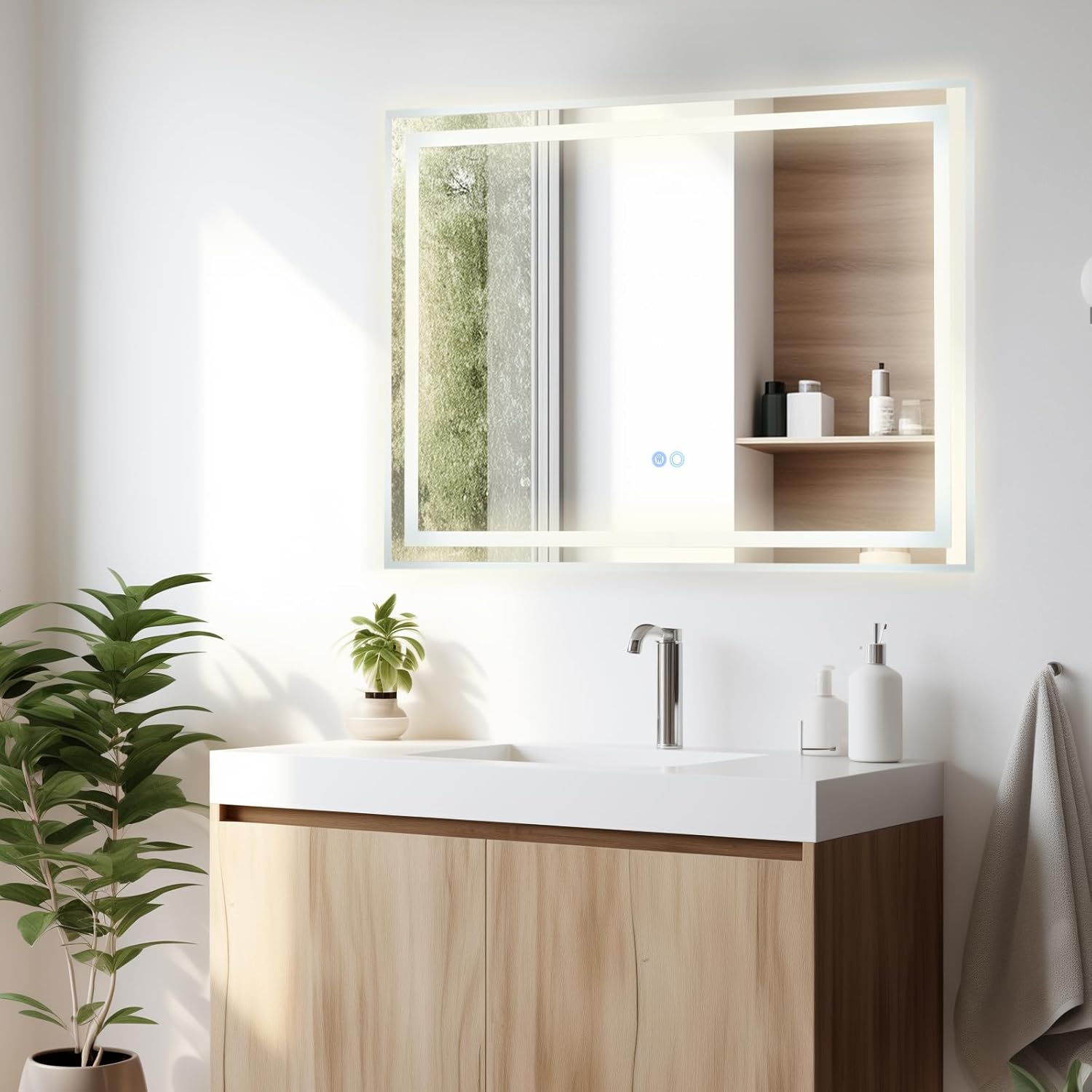 Lustro Ścienne do Łazienki, Lustro z Funkcją Przeciwmgielną, Funkcją Pamięci i 3 Kolorami, Regulowanym Oświetleniem LED (Prostokątne, 80 x 60 cm)