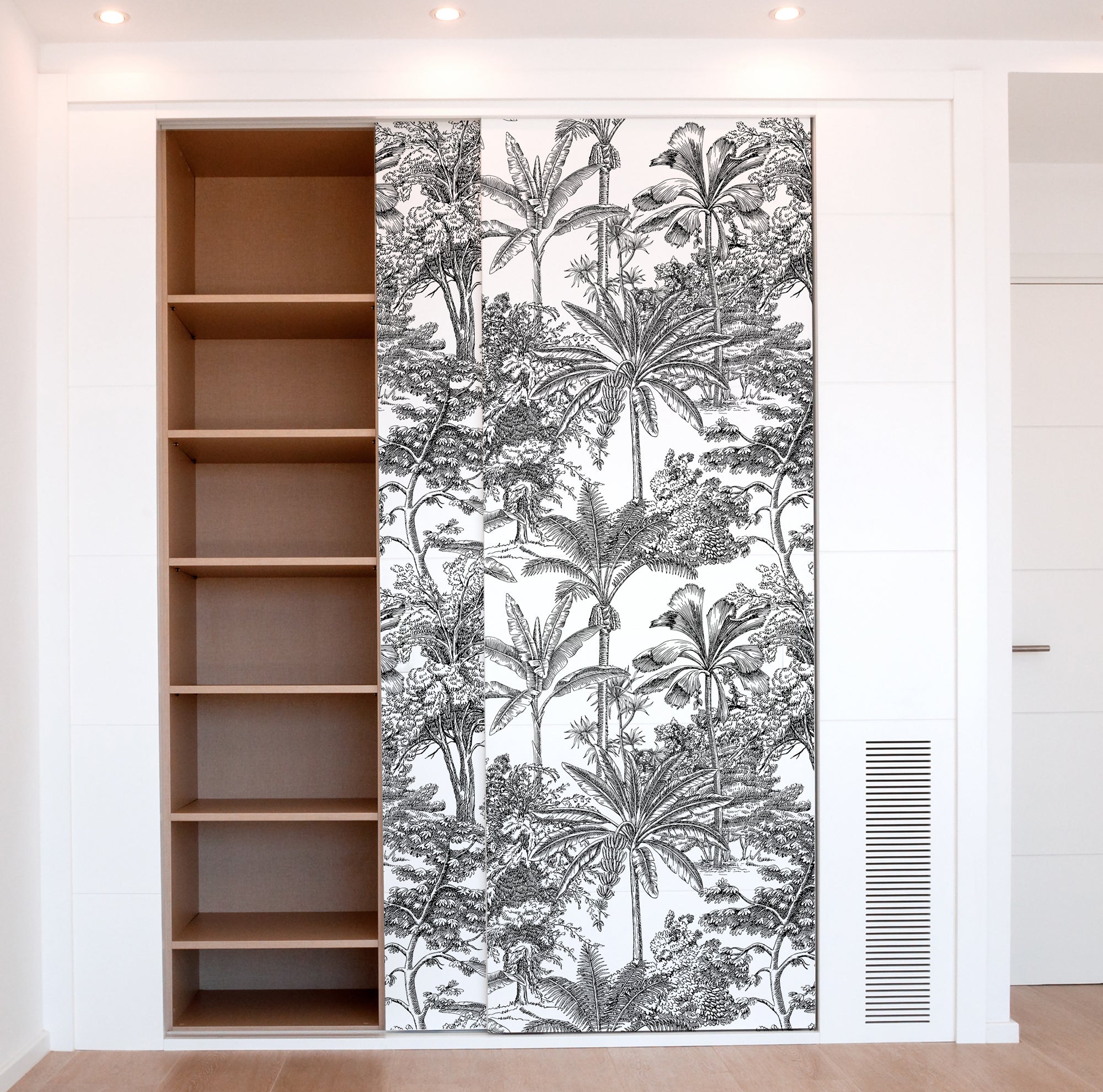 Papier peint vinyle lavable Arbres de la jungle en noir et blanc 135x300 cm, colle au mur, adapté salon, cuisine et salle de bain. - 4