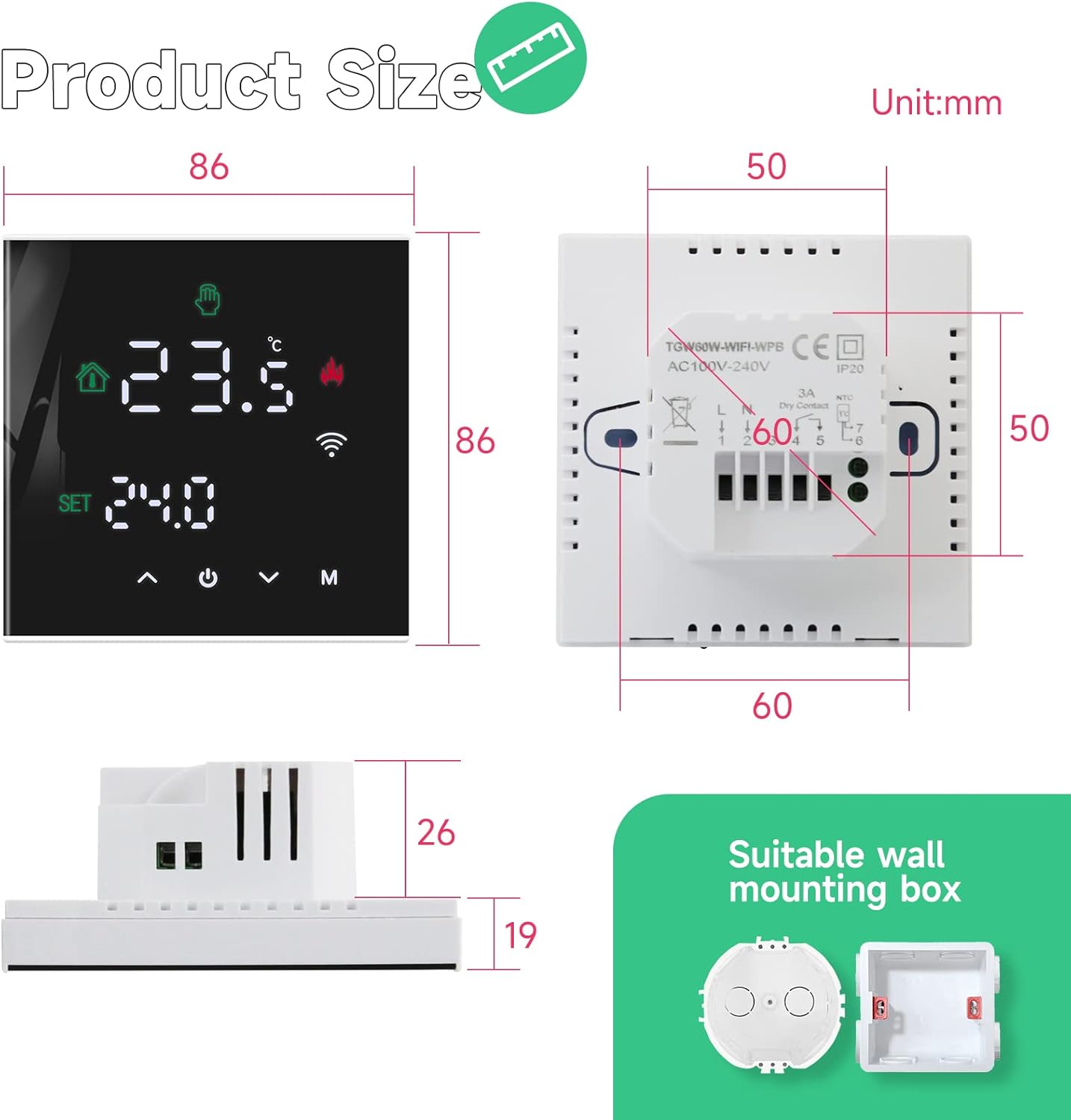 Thermostat WiFi Intelligent, Thermostat de Chaudière Programmable pour Chauffage de Chaudière Eau/Gaz, Montage Mural avec Affichage LCD Numérique - 5
