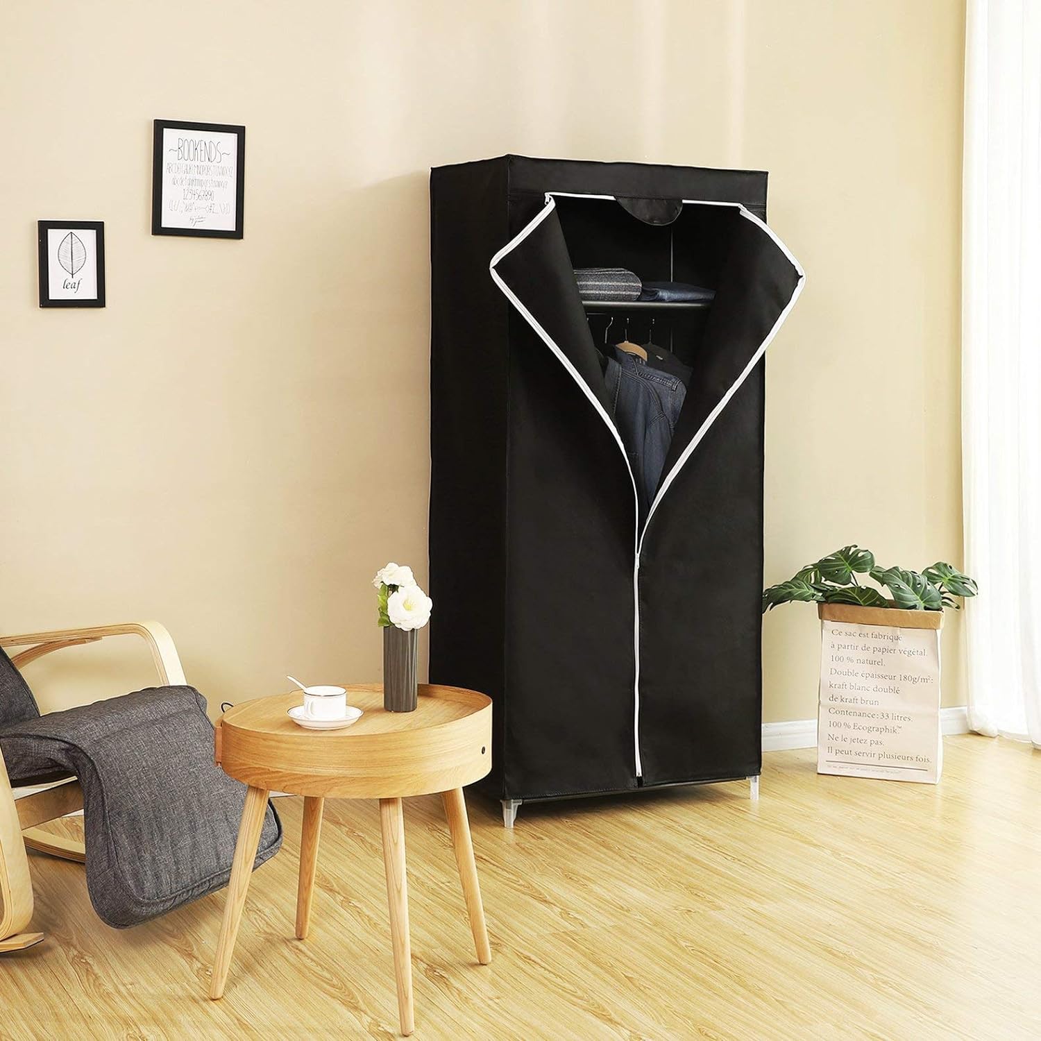 Armoire en Tissu, Penderie Pliante avec Tringle de Suspension, Dressing Simple, Organiseur pour Jouets, Chaussures, Sacs, Salon, 75 x 45 x 160cm, Noir - 3