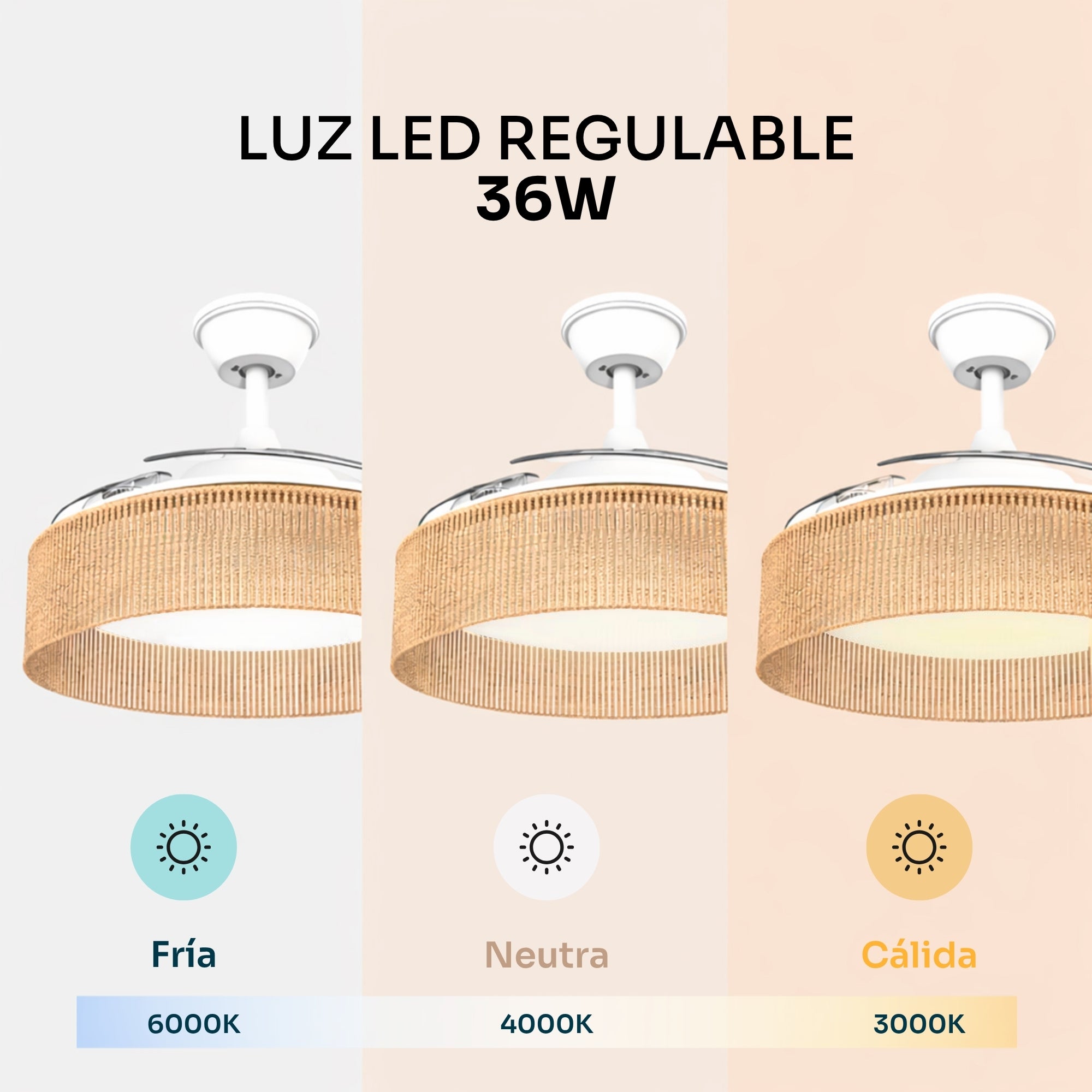 Mellerware - Ventoinha de teto LED regulável Brizy Bright Rattan Sand, acolhedora, verão/inverno, temporizador 8h, até 25 m², para tetos inclinados - 5