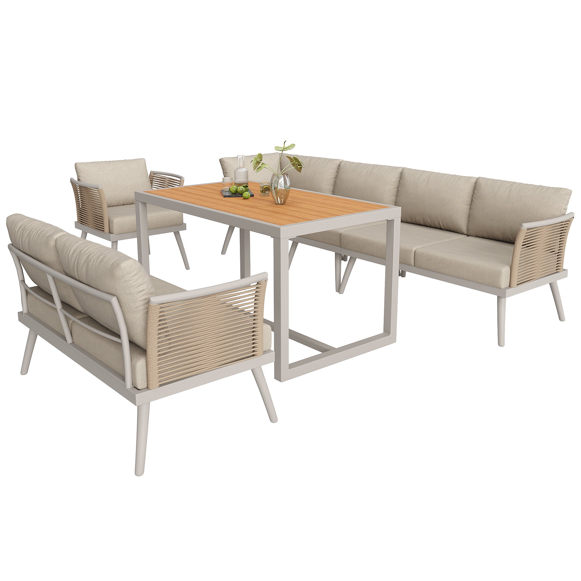 Salon de jardin modulable en fer 7 places : 1 canapé d'angle 5 places + 2 fauteuils + table basse - Beige - 9