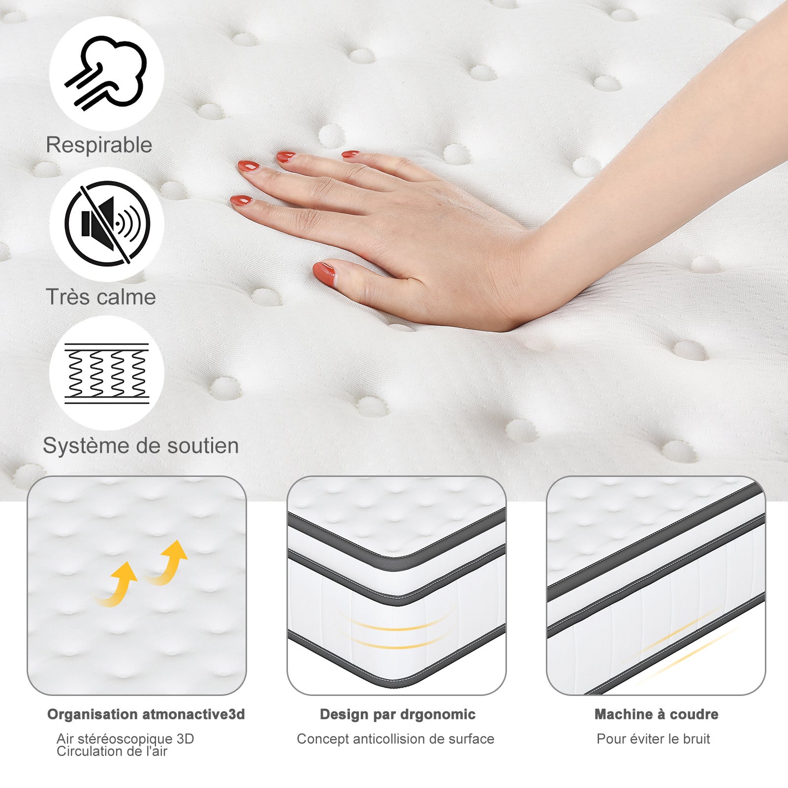 Matelas 140 x 190 cm, hauteur 25 cm, Matelas à ressorts, ressorts ensachés 7 zones, avec tissu doux, dureté H2, maille 3D, respirant - 8